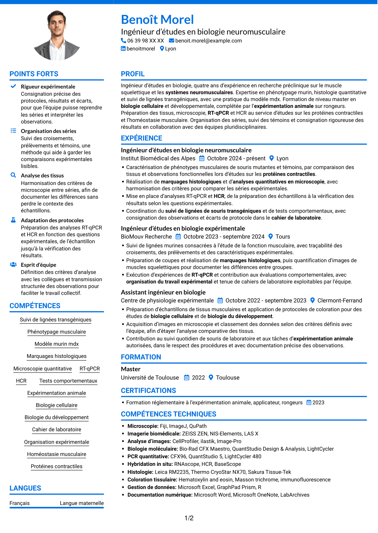CV Audacieux (format à deux colonnes avec accents colorés et photo) : Ingénieur d’études en biologie - Biologie neuromusculaire, page 1
