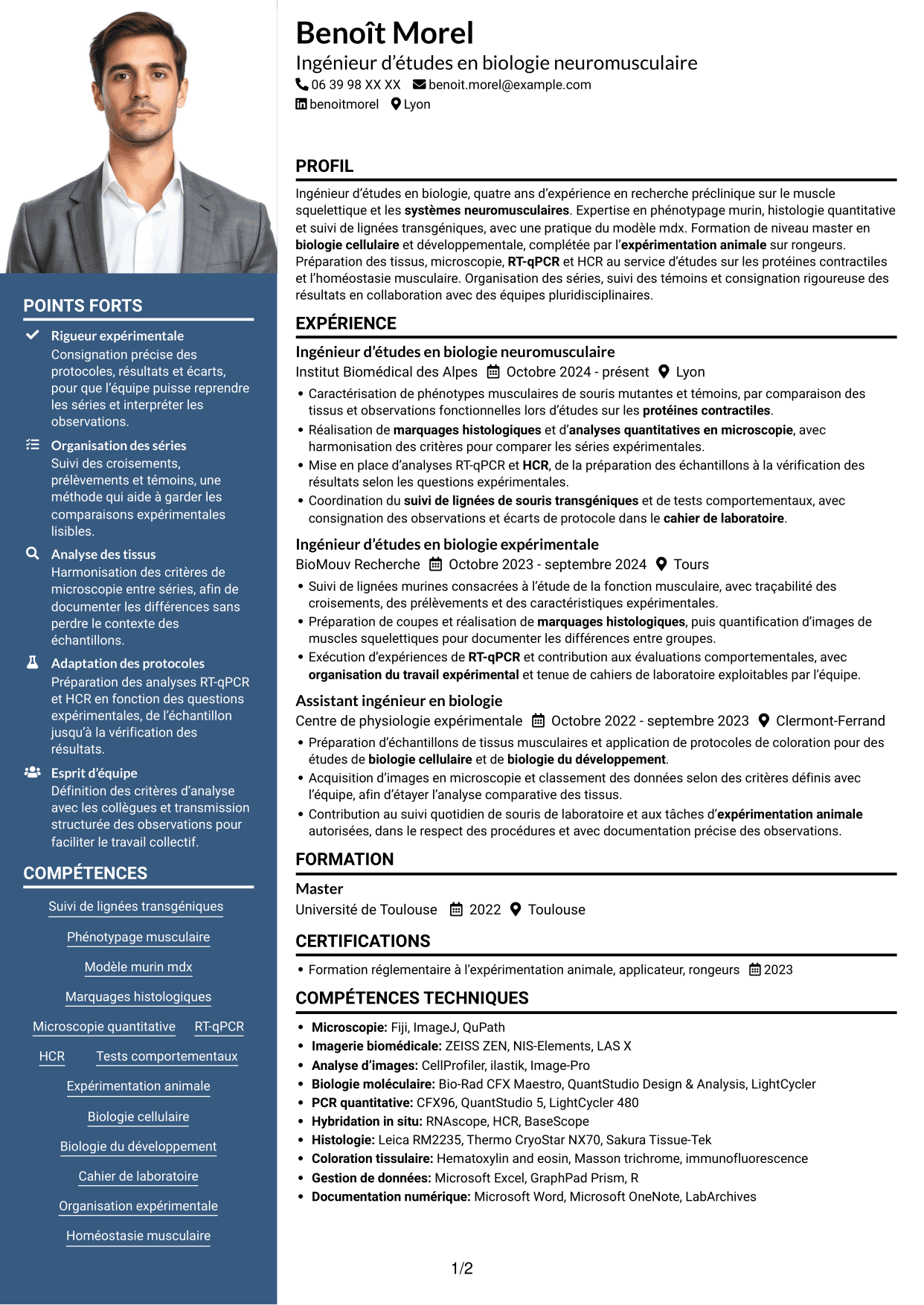 CV Signature (format à colonne latérale colorée avec grande photo) : Ingénieur d’études en biologie - Biologie neuromusculaire, page 1