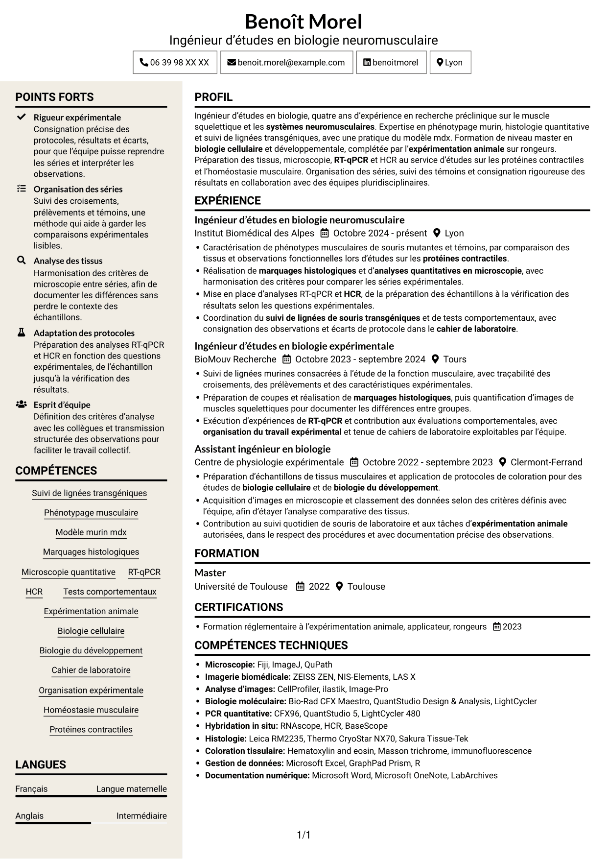 CV Fonceur (format à deux colonnes avec en-tête centré sans photo) : Ingénieur d’études en biologie - Biologie neuromusculaire, page 1