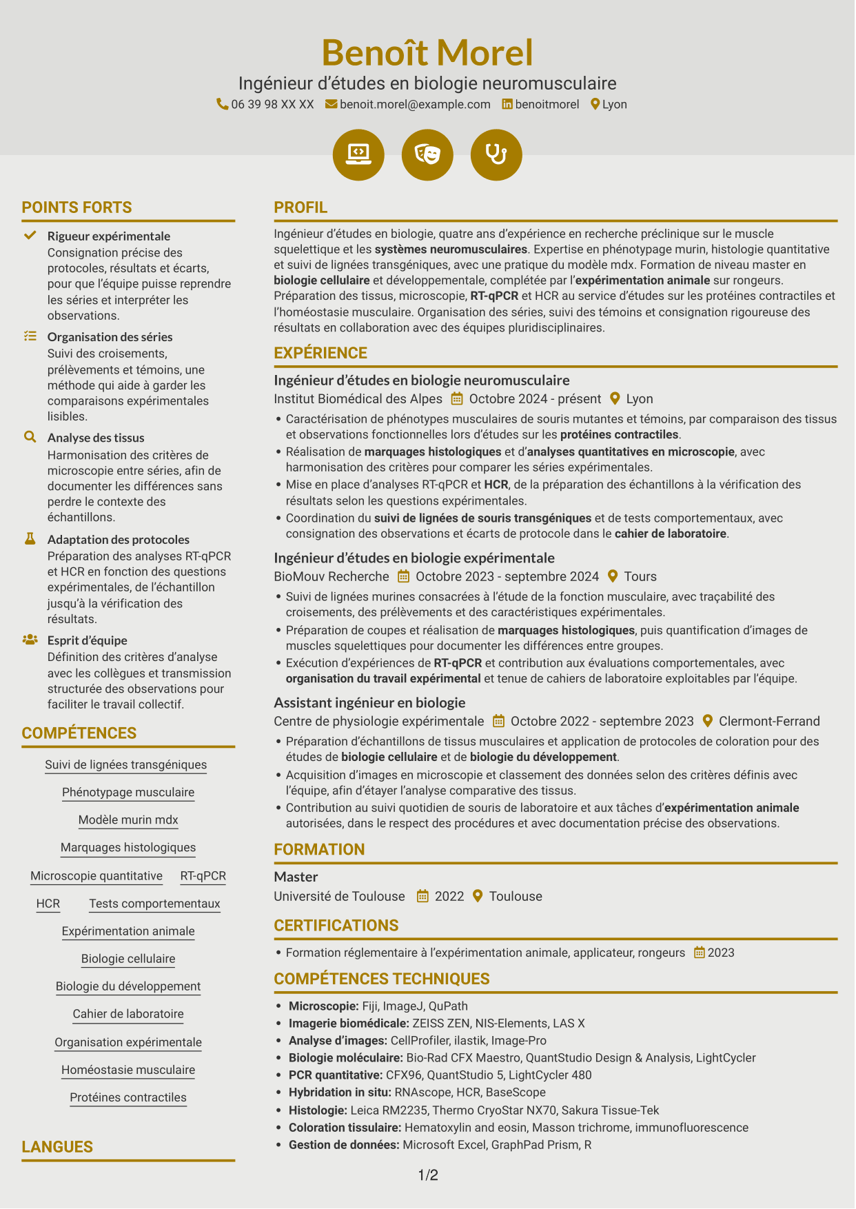 CV Dynamique (format à deux colonnes avec icônes) : Ingénieur d’études en biologie - Biologie neuromusculaire, page 1
