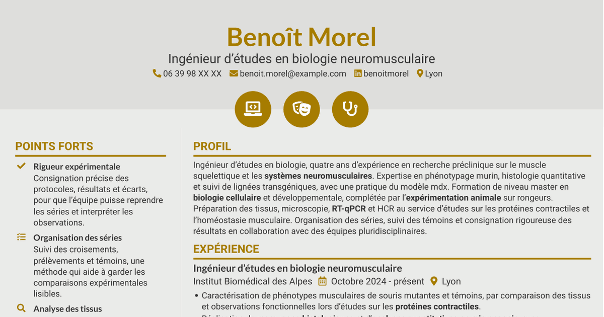 7 modèles de CV pour Ingénieur d’études en biologie - Biologie neuromusculaire, avec exemples