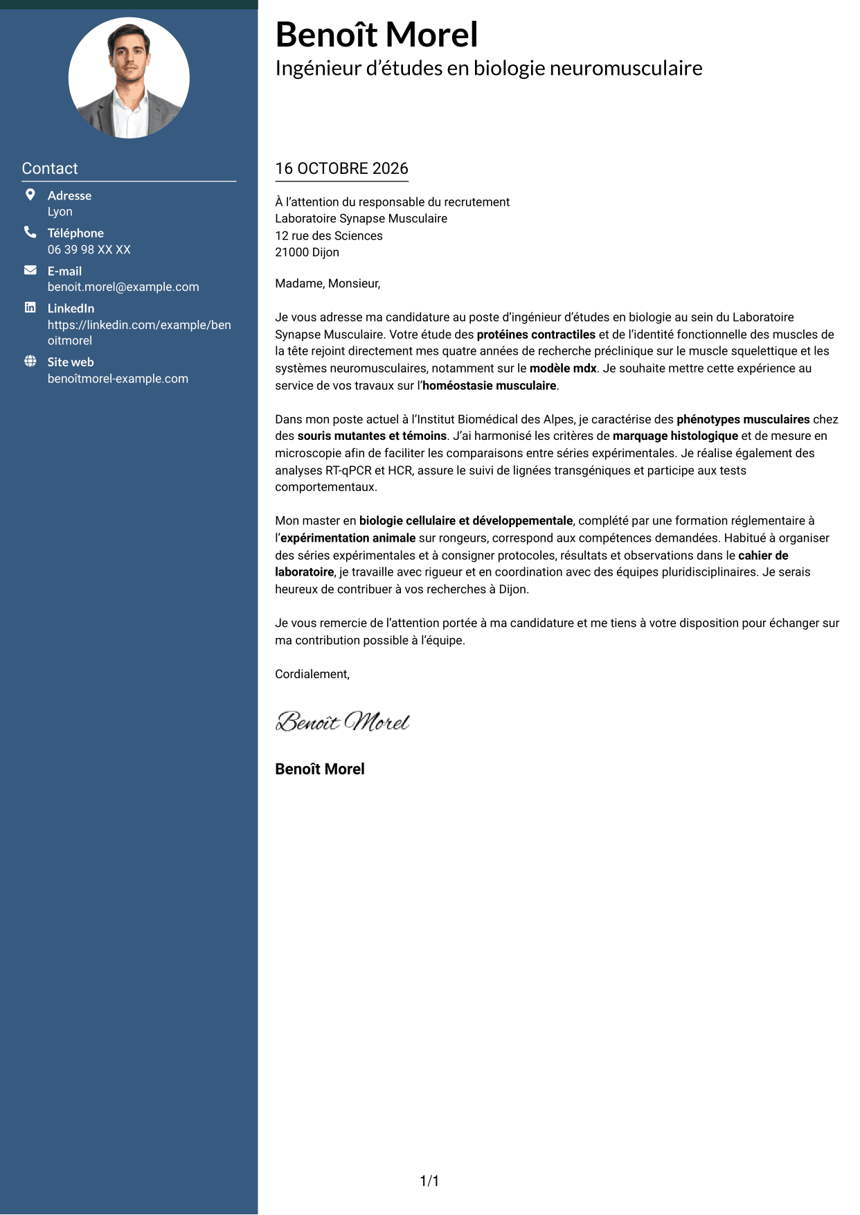Lettre de motivation Élégant (format à colonne latérale colorée avec photo) : Ingénieur d’études en biologie - Biologie neuromusculaire, page 1