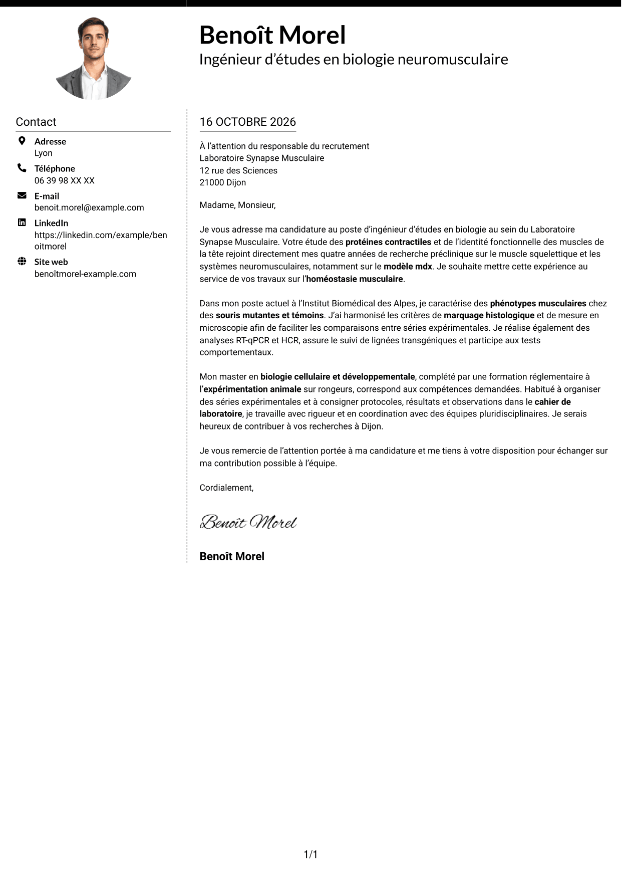 Lettre de motivation Moderne (format à deux colonnes avec photo à gauche et séparateur) : Ingénieur d’études en biologie - Biologie neuromusculaire, page 1