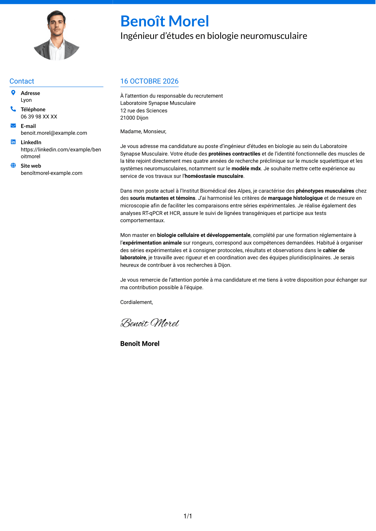 Lettre de motivation Audacieux (format à deux colonnes avec accents colorés et photo) : Ingénieur d’études en biologie - Biologie neuromusculaire, page 1