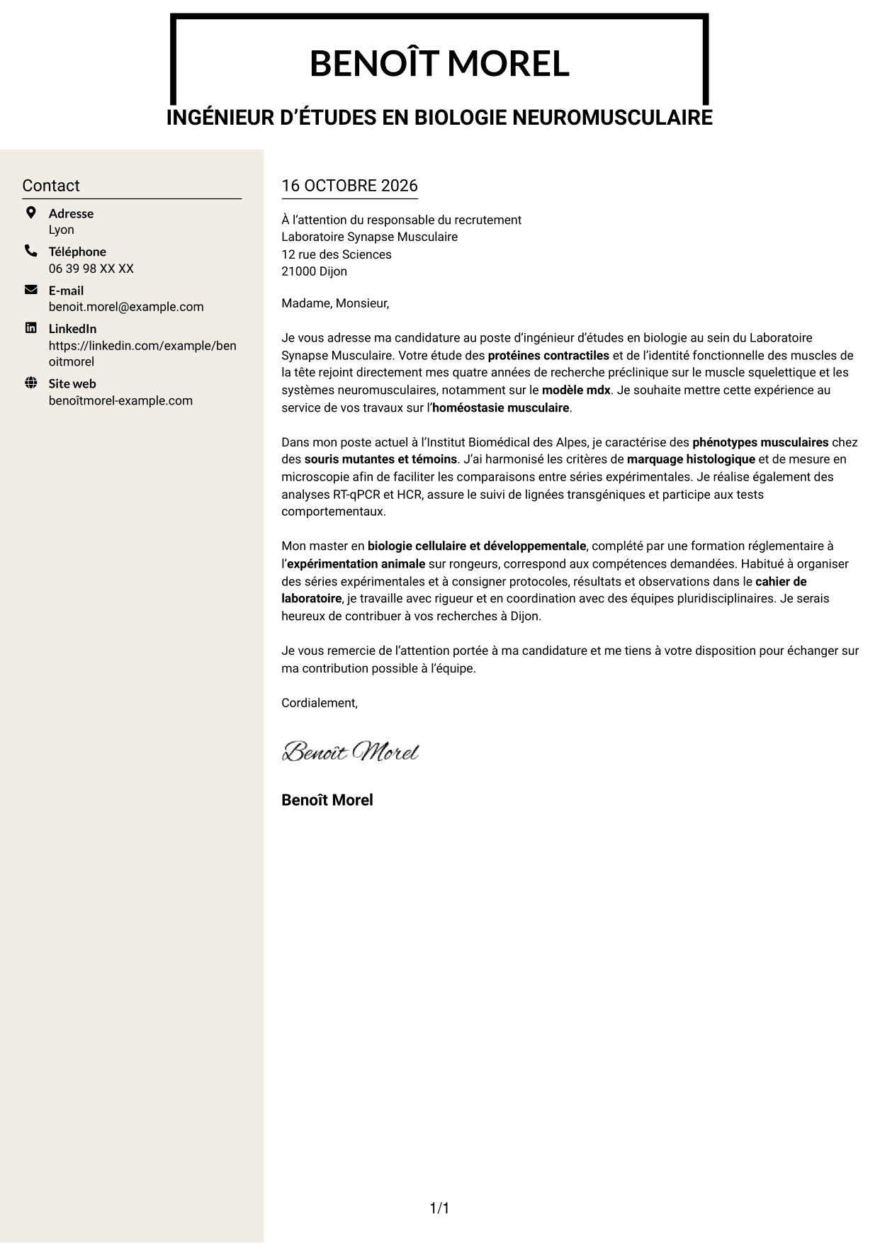 Lettre de motivation Fonceur (format à deux colonnes avec en-tête centré sans photo) : Ingénieur d’études en biologie - Biologie neuromusculaire, page 1