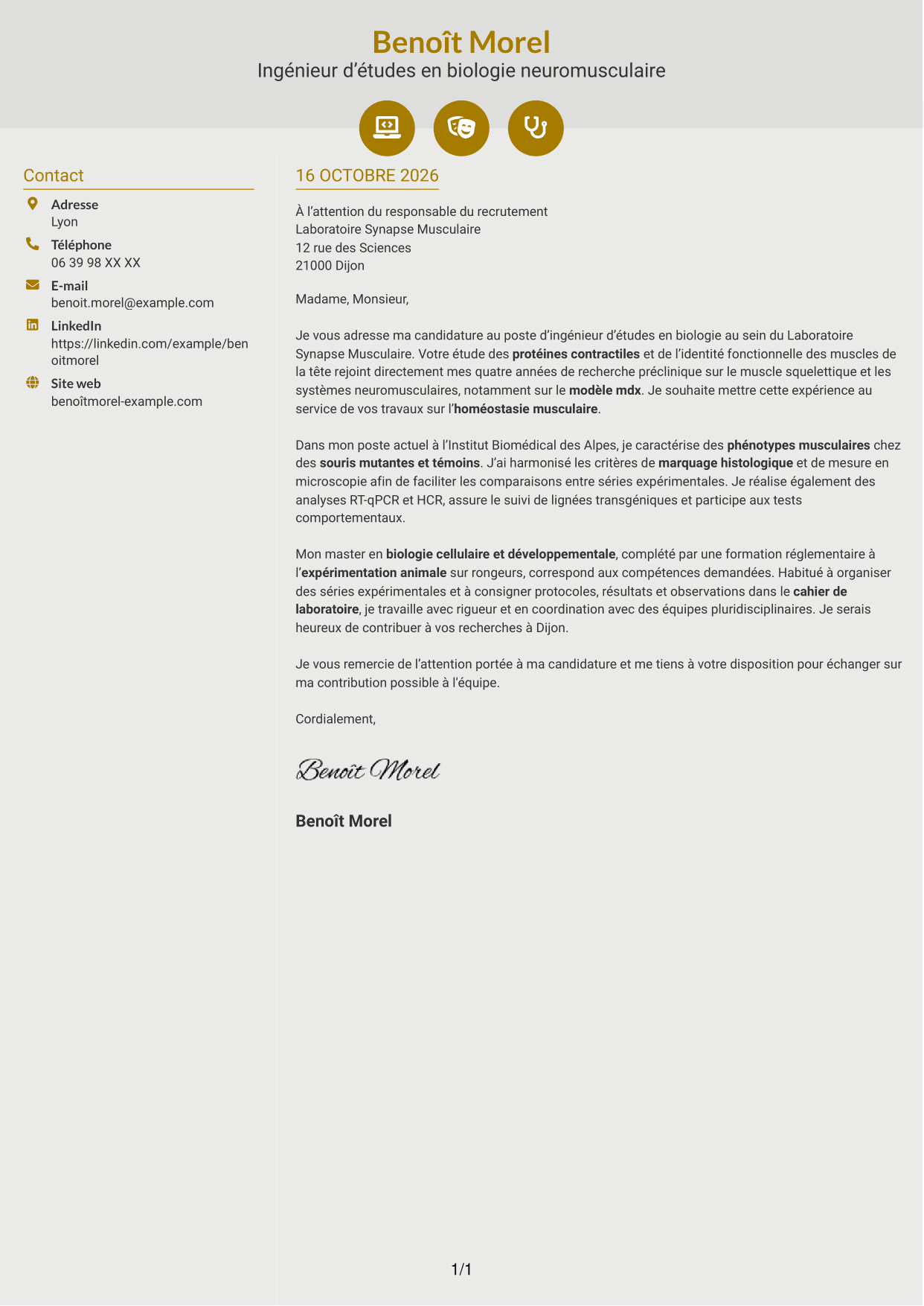 Lettre de motivation Dynamique (format à deux colonnes avec icônes) : Ingénieur d’études en biologie - Biologie neuromusculaire, page 1