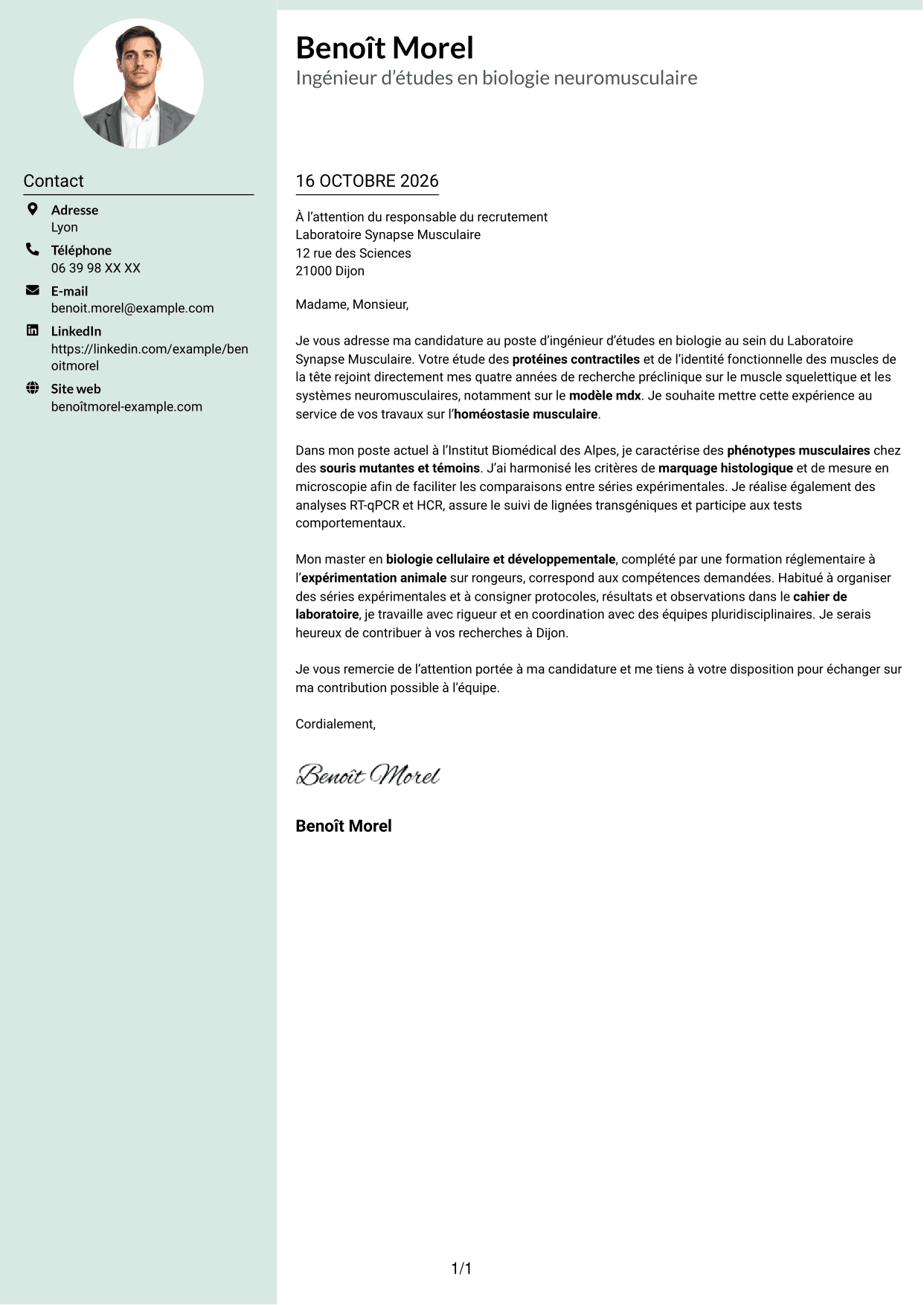 Lettre de motivation Cadre (format à colonne latérale douce avec photo arrondie) : Ingénieur d’études en biologie - Biologie neuromusculaire, page 1