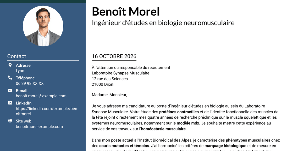 7 modèles de lettre de motivation pour Ingénieur d’études en biologie - Biologie neuromusculaire, avec exemples