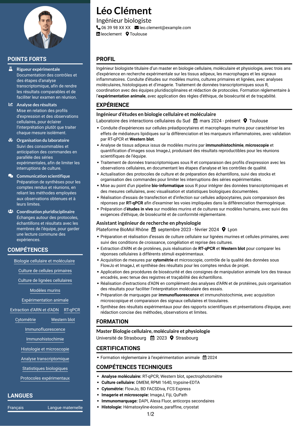 CV Élégant (format à colonne latérale colorée avec photo) : Ingénieur d’études en biologie et physiologie - Biologie des adipocytes thermogéniques, page 1