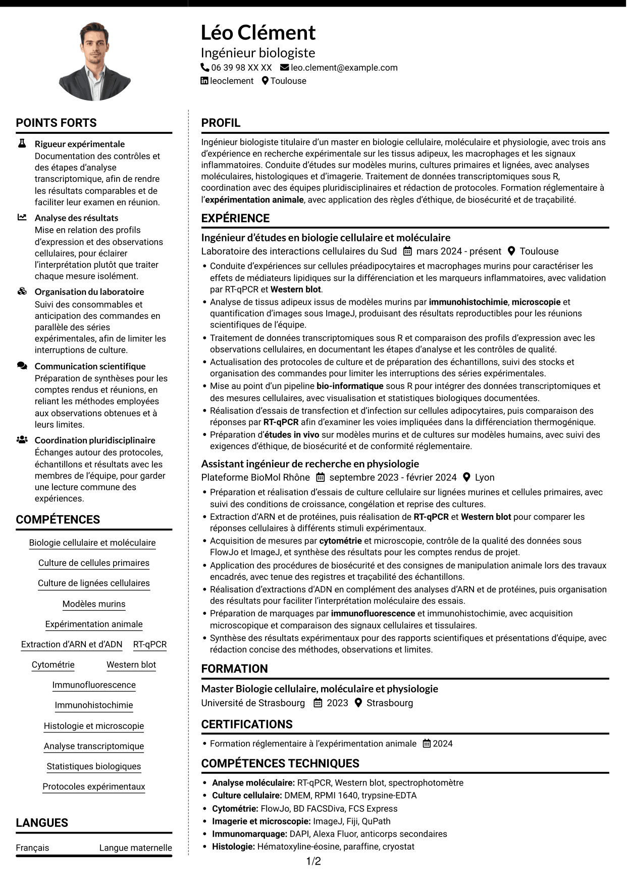 CV Moderne (format à deux colonnes avec photo à gauche et séparateur) : Ingénieur d’études en biologie et physiologie - Biologie des adipocytes thermogéniques, page 1