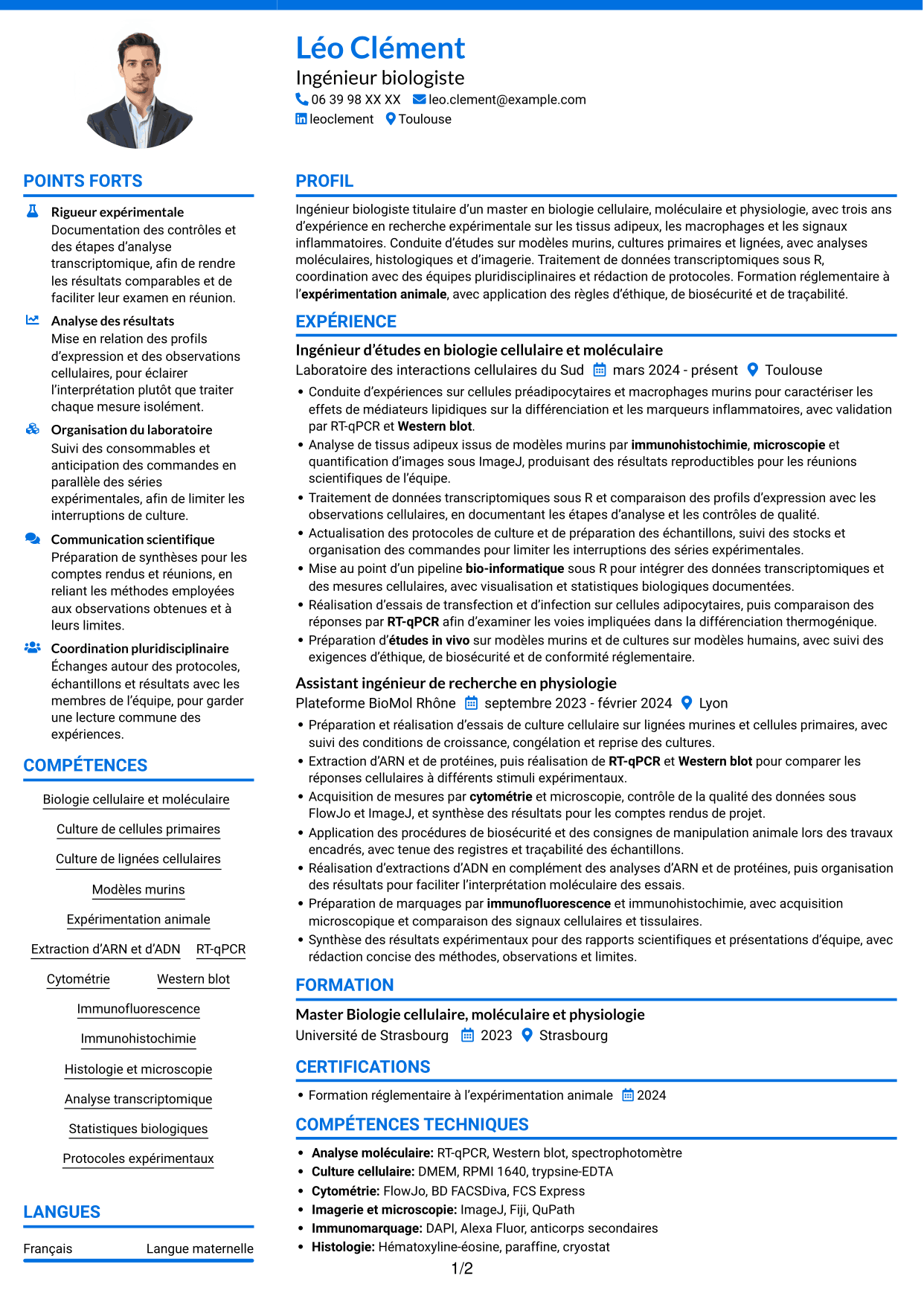 CV Audacieux (format à deux colonnes avec accents colorés et photo) : Ingénieur d’études en biologie et physiologie - Biologie des adipocytes thermogéniques, page 1