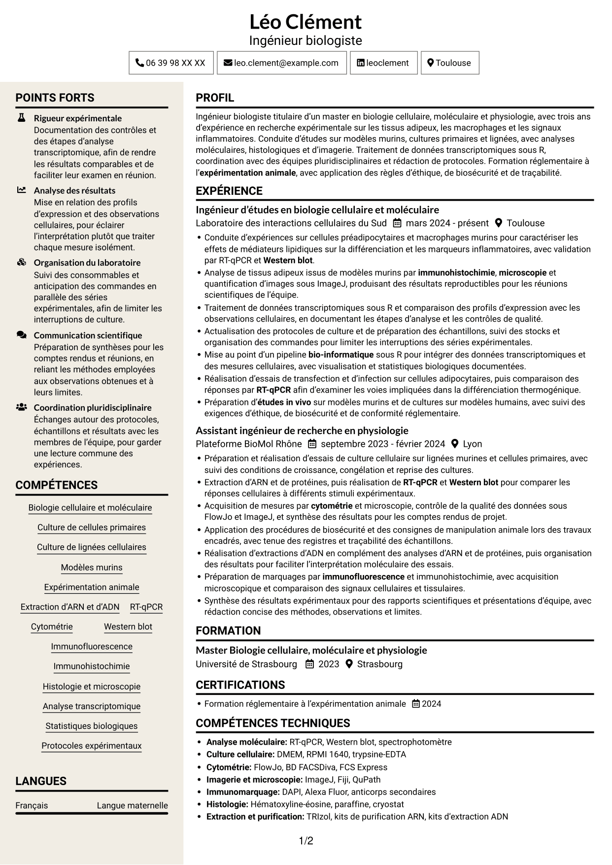 CV Fonceur (format à deux colonnes avec en-tête centré sans photo) : Ingénieur d’études en biologie et physiologie - Biologie des adipocytes thermogéniques, page 1