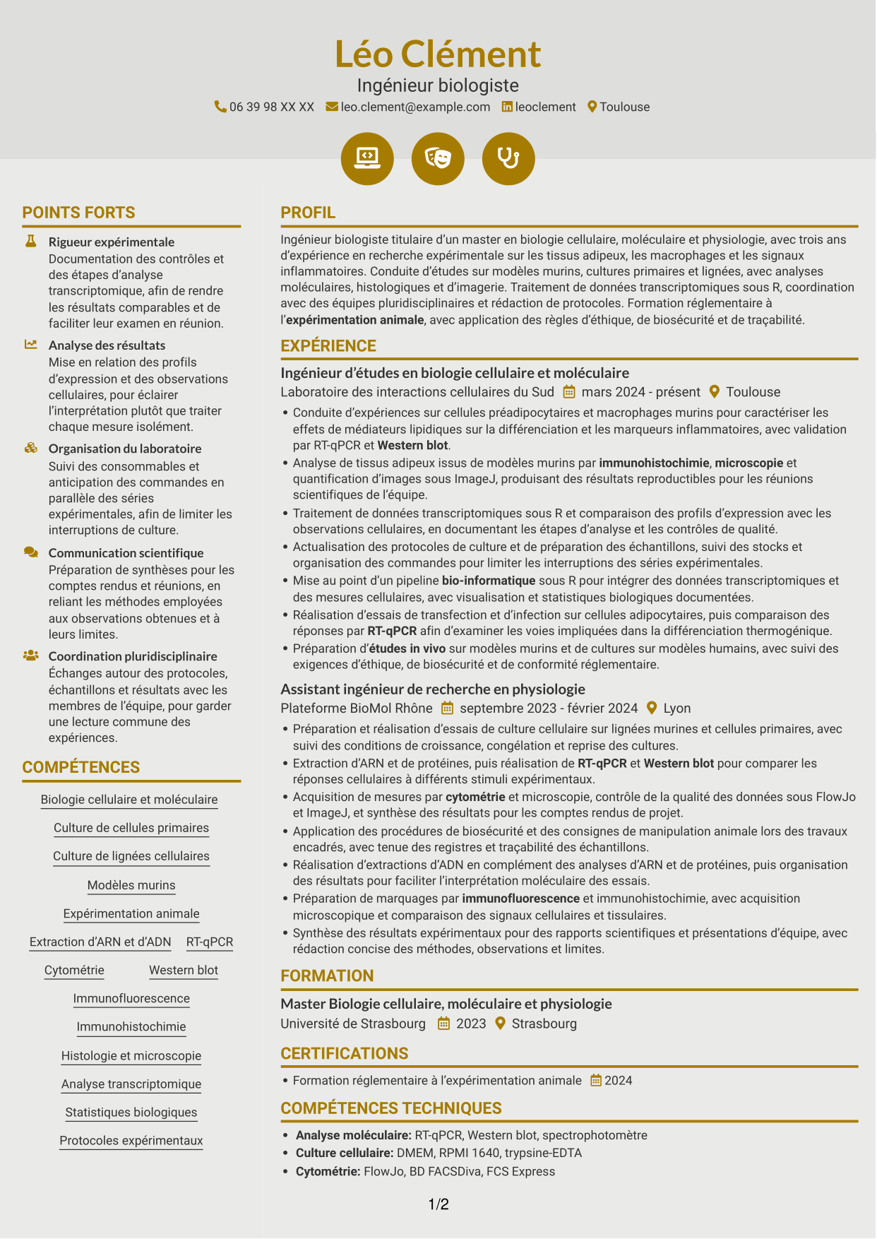 CV Dynamique (format à deux colonnes avec icônes) : Ingénieur d’études en biologie et physiologie - Biologie des adipocytes thermogéniques, page 1