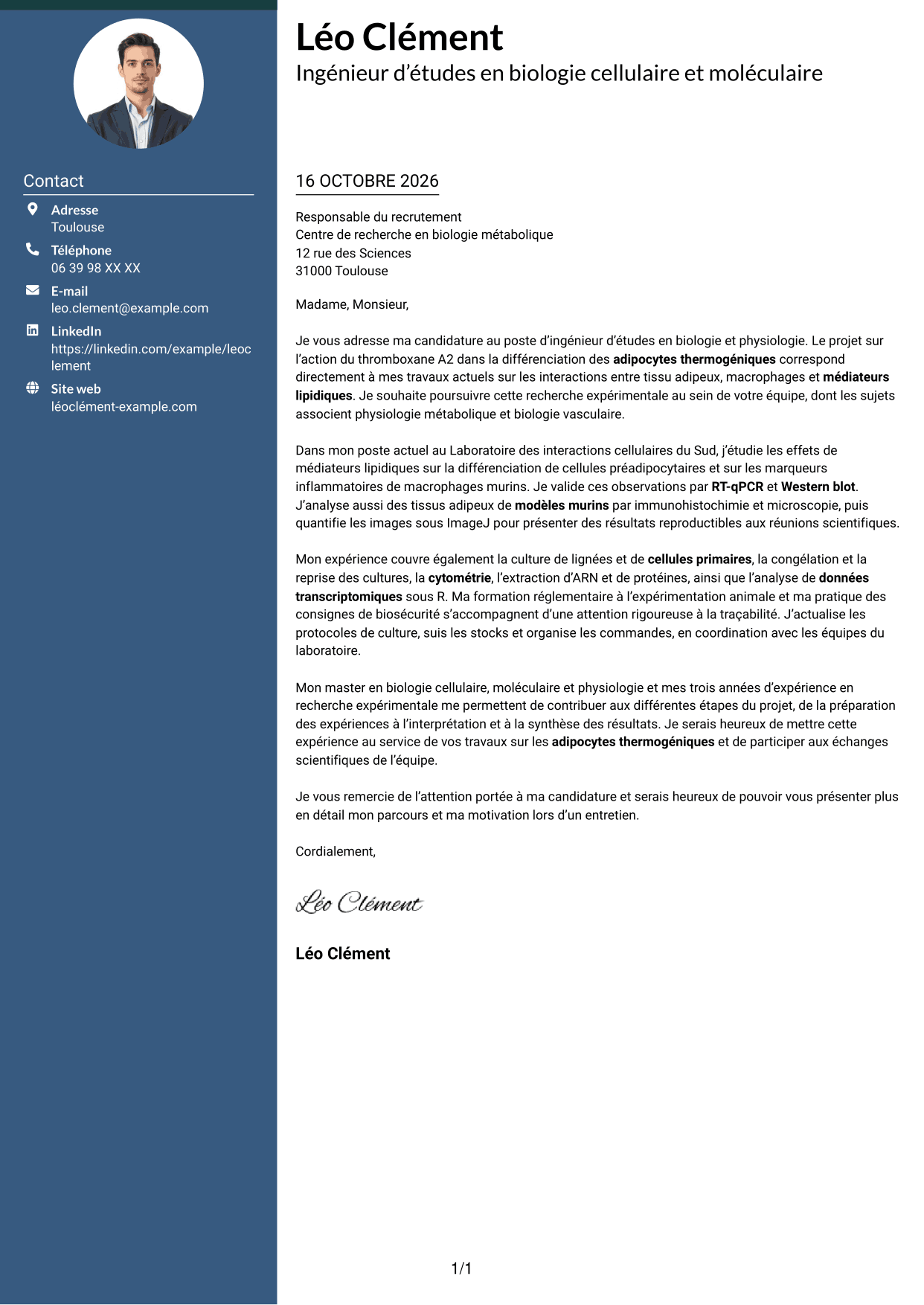 Lettre de motivation Élégant (format à colonne latérale colorée avec photo) : Ingénieur d’études en biologie et physiologie - Biologie des adipocytes thermogéniques, page 1