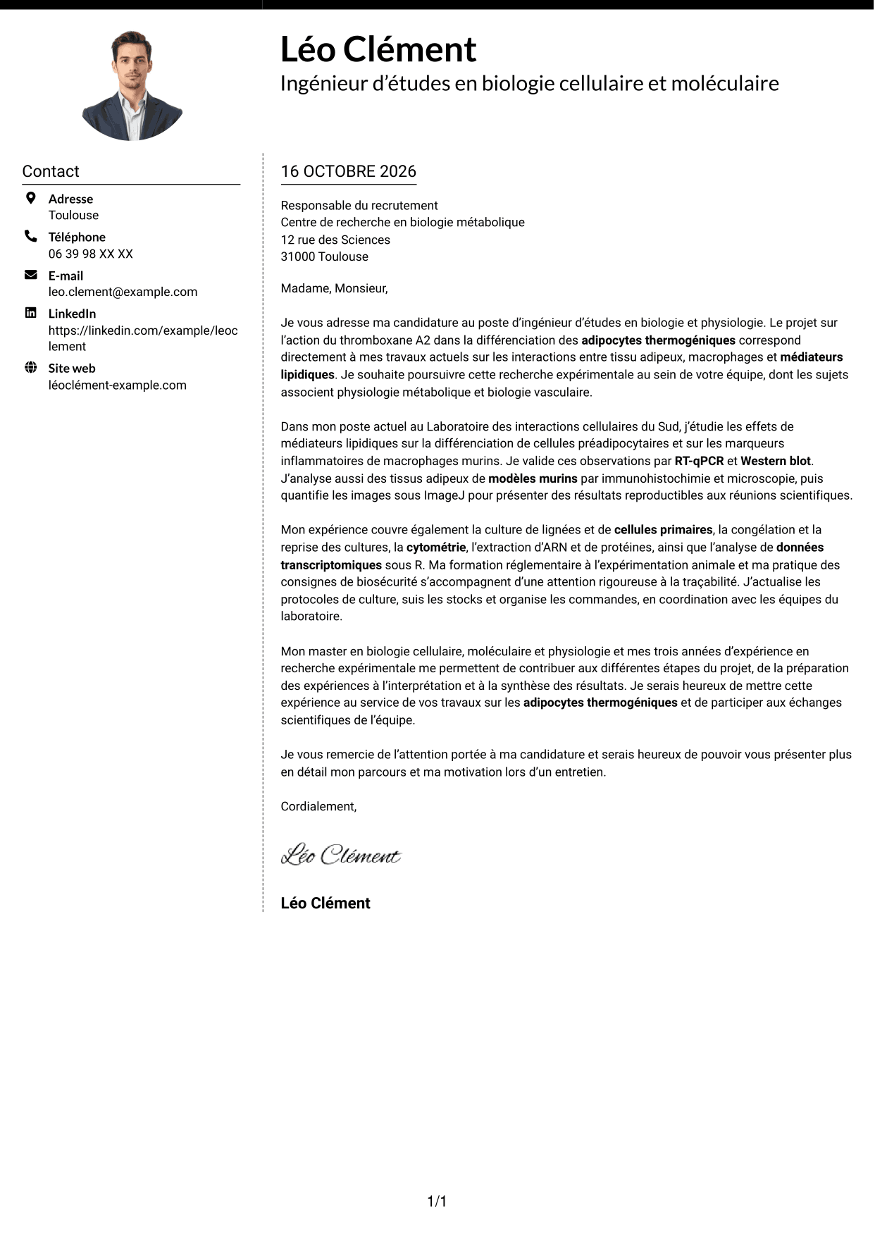 Lettre de motivation Moderne (format à deux colonnes avec photo à gauche et séparateur) : Ingénieur d’études en biologie et physiologie - Biologie des adipocytes thermogéniques, page 1