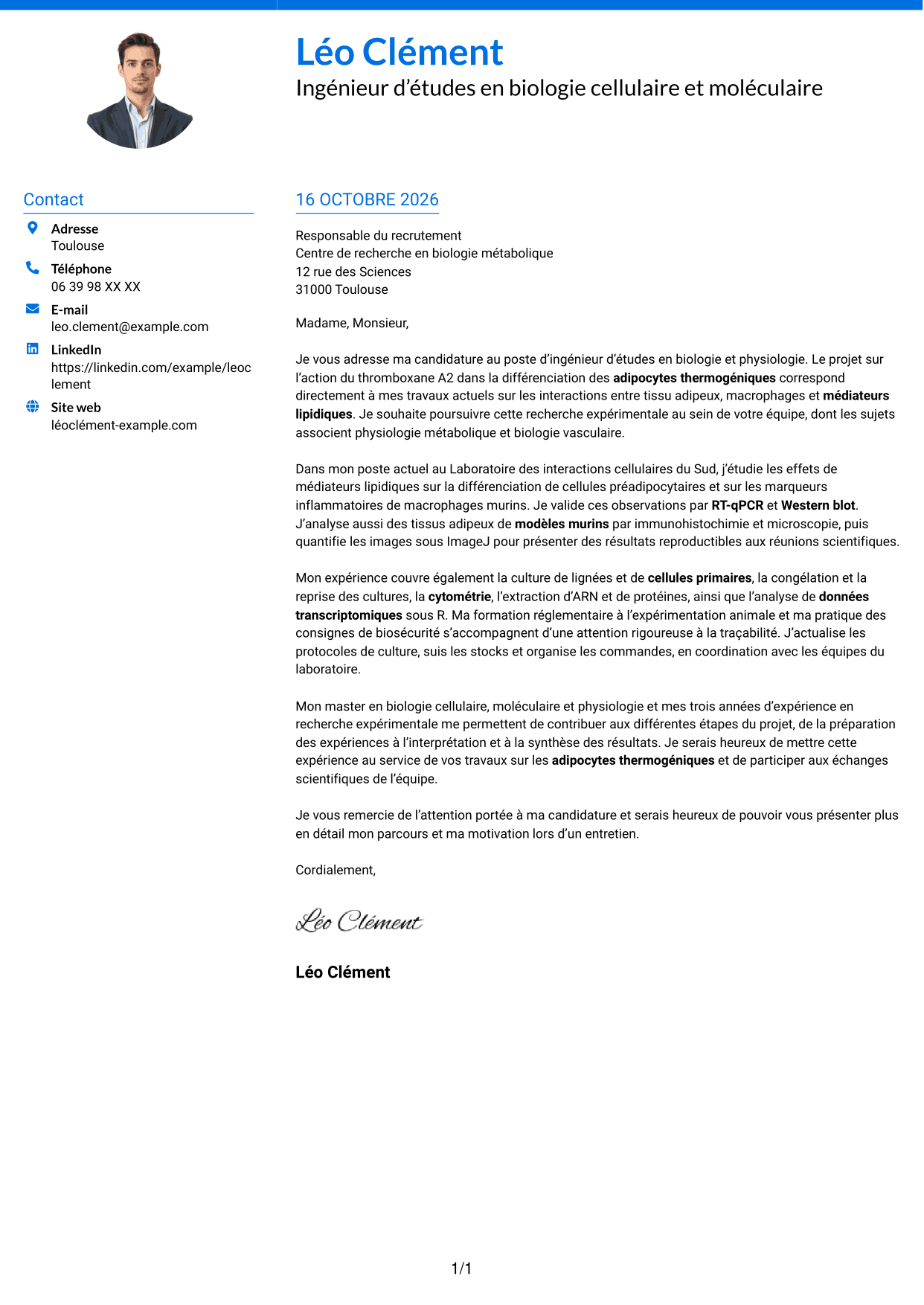 Lettre de motivation Audacieux (format à deux colonnes avec accents colorés et photo) : Ingénieur d’études en biologie et physiologie - Biologie des adipocytes thermogéniques, page 1