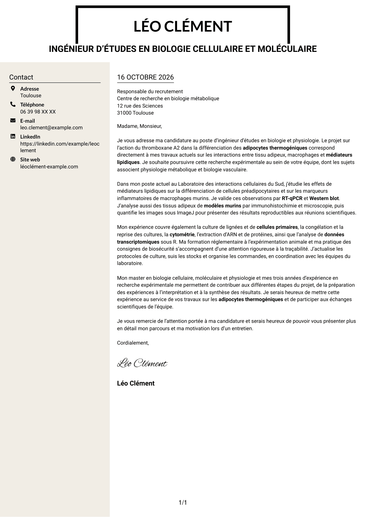 Lettre de motivation Fonceur (format à deux colonnes avec en-tête centré sans photo) : Ingénieur d’études en biologie et physiologie - Biologie des adipocytes thermogéniques, page 1