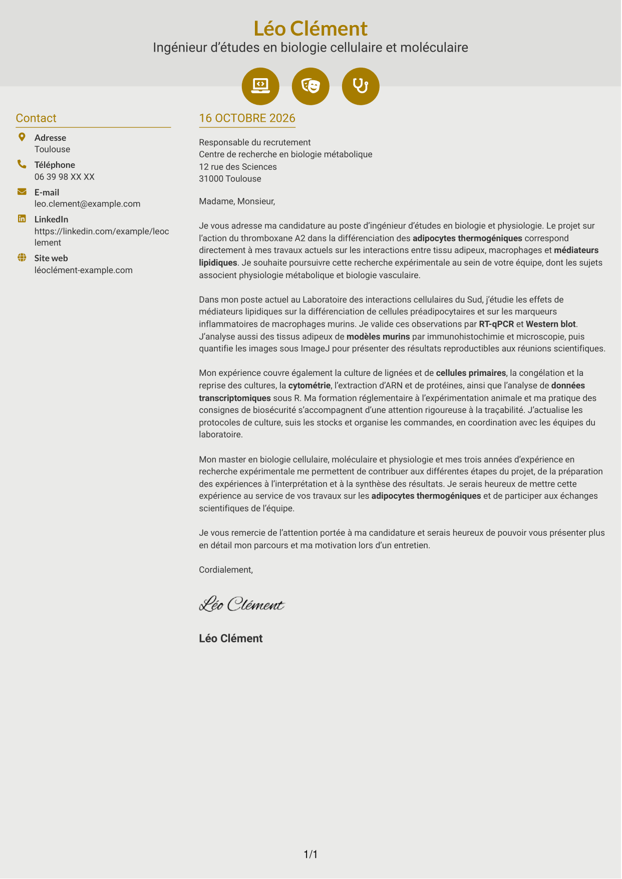 Lettre de motivation Dynamique (format à deux colonnes avec icônes) : Ingénieur d’études en biologie et physiologie - Biologie des adipocytes thermogéniques, page 1