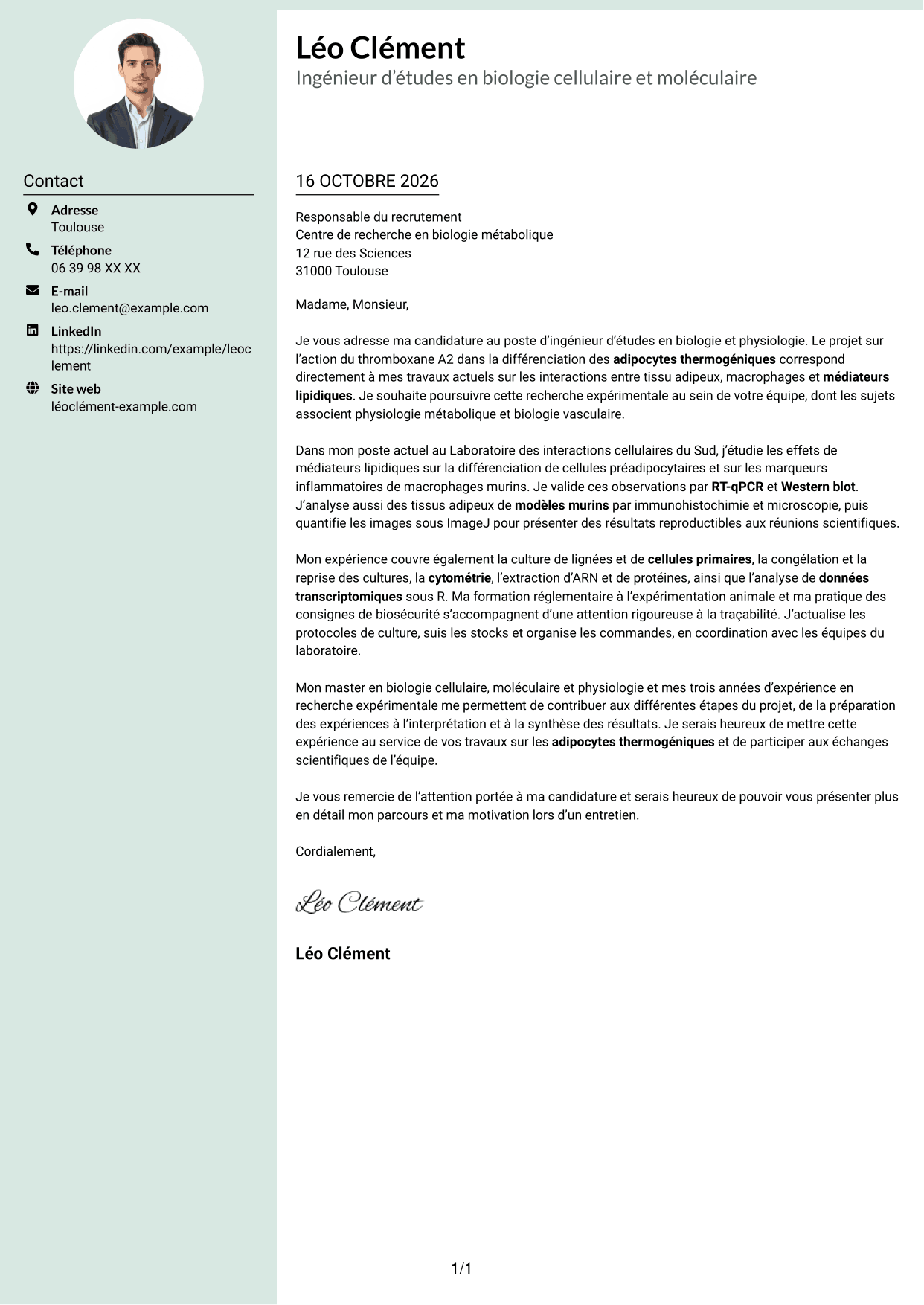 Lettre de motivation Cadre (format à colonne latérale douce avec photo arrondie) : Ingénieur d’études en biologie et physiologie - Biologie des adipocytes thermogéniques, page 1