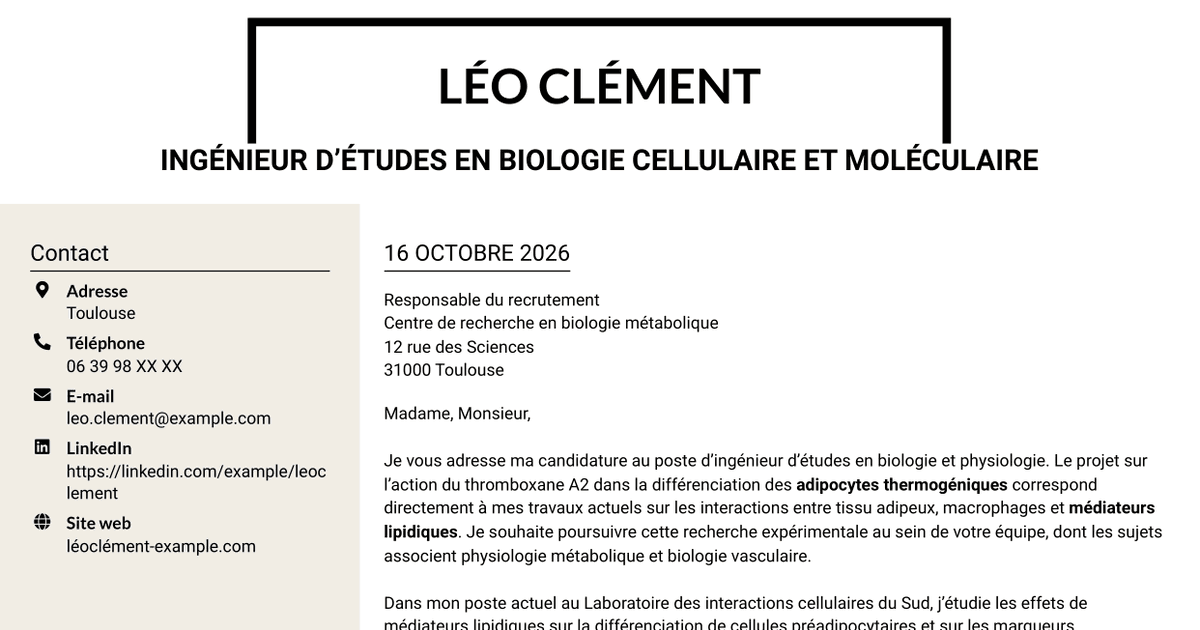 7 modèles de lettre de motivation pour Ingénieur d’études en biologie et physiologie - Biologie des adipocytes thermogéniques, avec exemples
