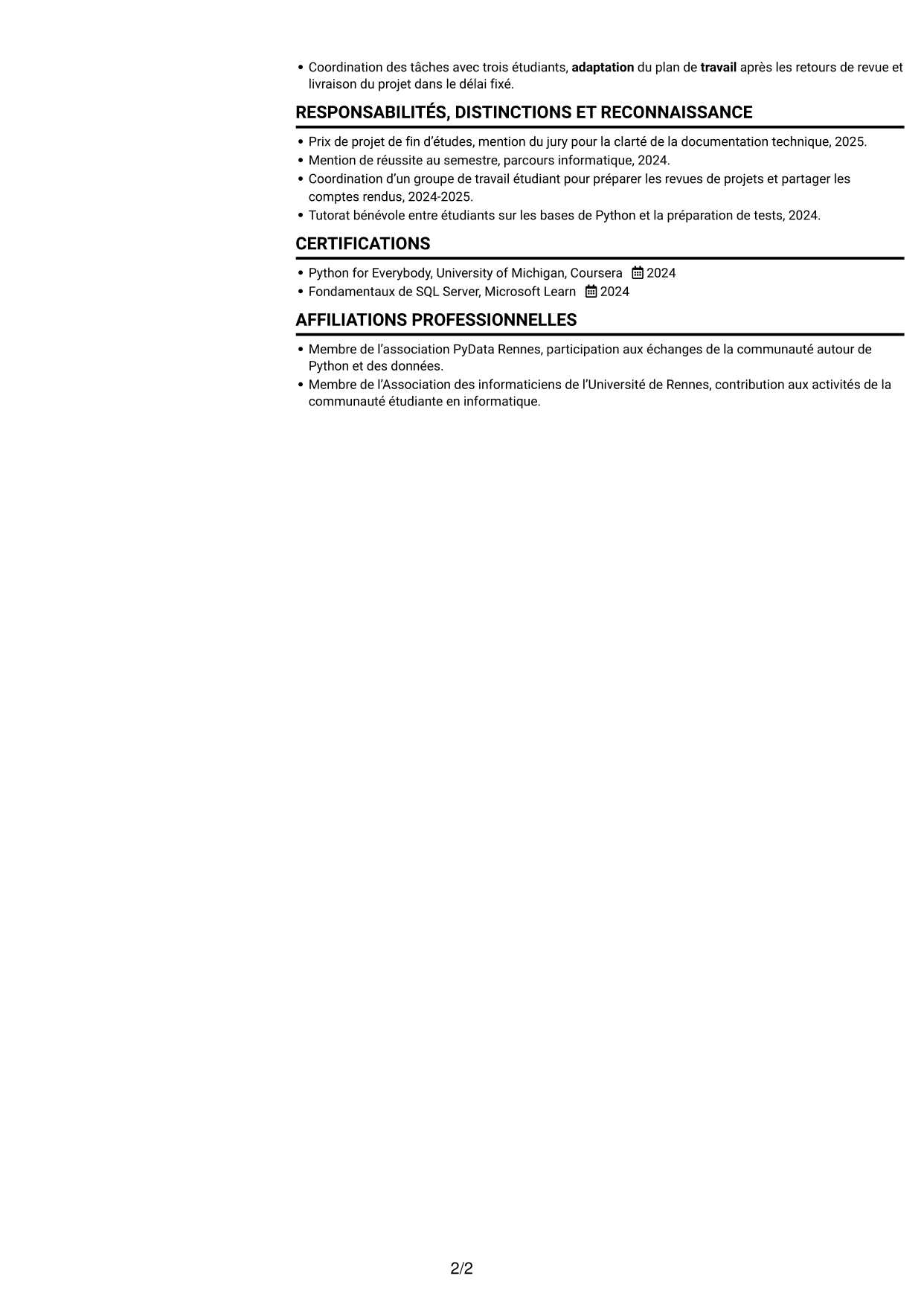 CV Compact (format sobre à deux colonnes avec photo) : Ingénieur d’études et développement Python, page 2