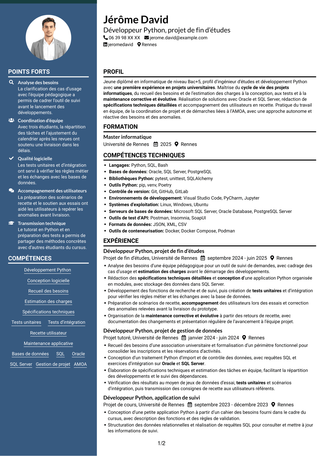 CV Élégant (format à colonne latérale colorée avec photo) : Ingénieur d’études et développement Python, page 1