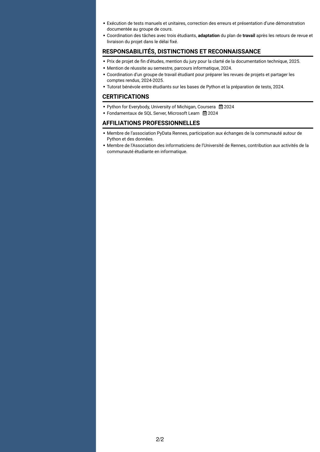 CV Élégant (format à colonne latérale colorée avec photo) : Ingénieur d’études et développement Python, page 2