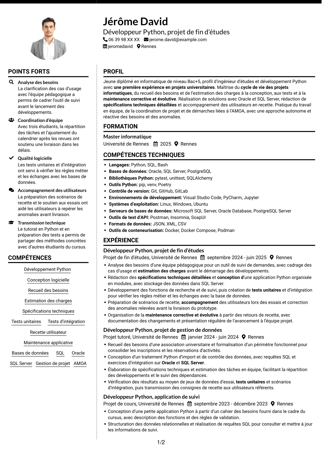 CV Moderne (format à deux colonnes avec photo à gauche et séparateur) : Ingénieur d’études et développement Python, page 1