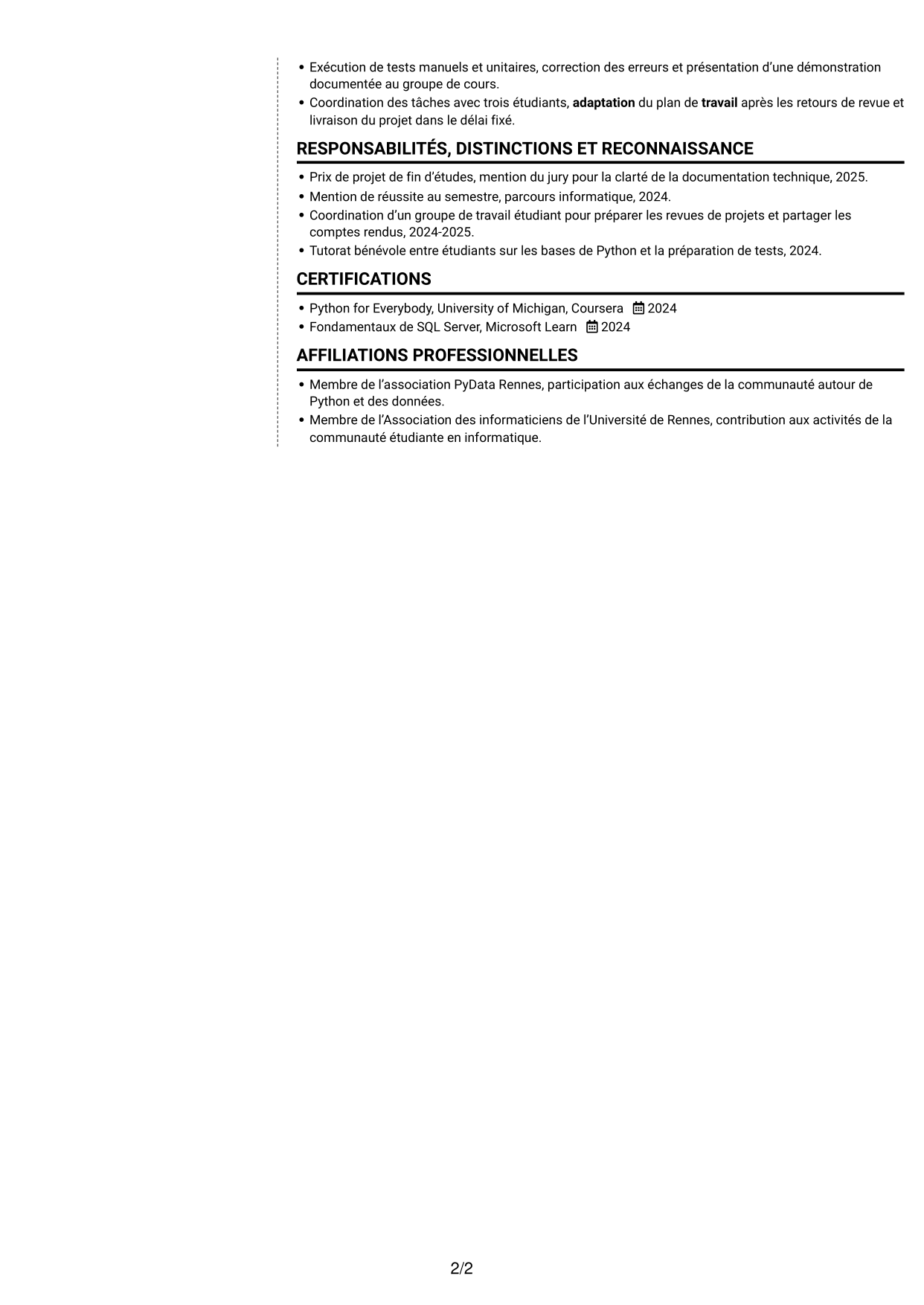 CV Moderne (format à deux colonnes avec photo à gauche et séparateur) : Ingénieur d’études et développement Python, page 2