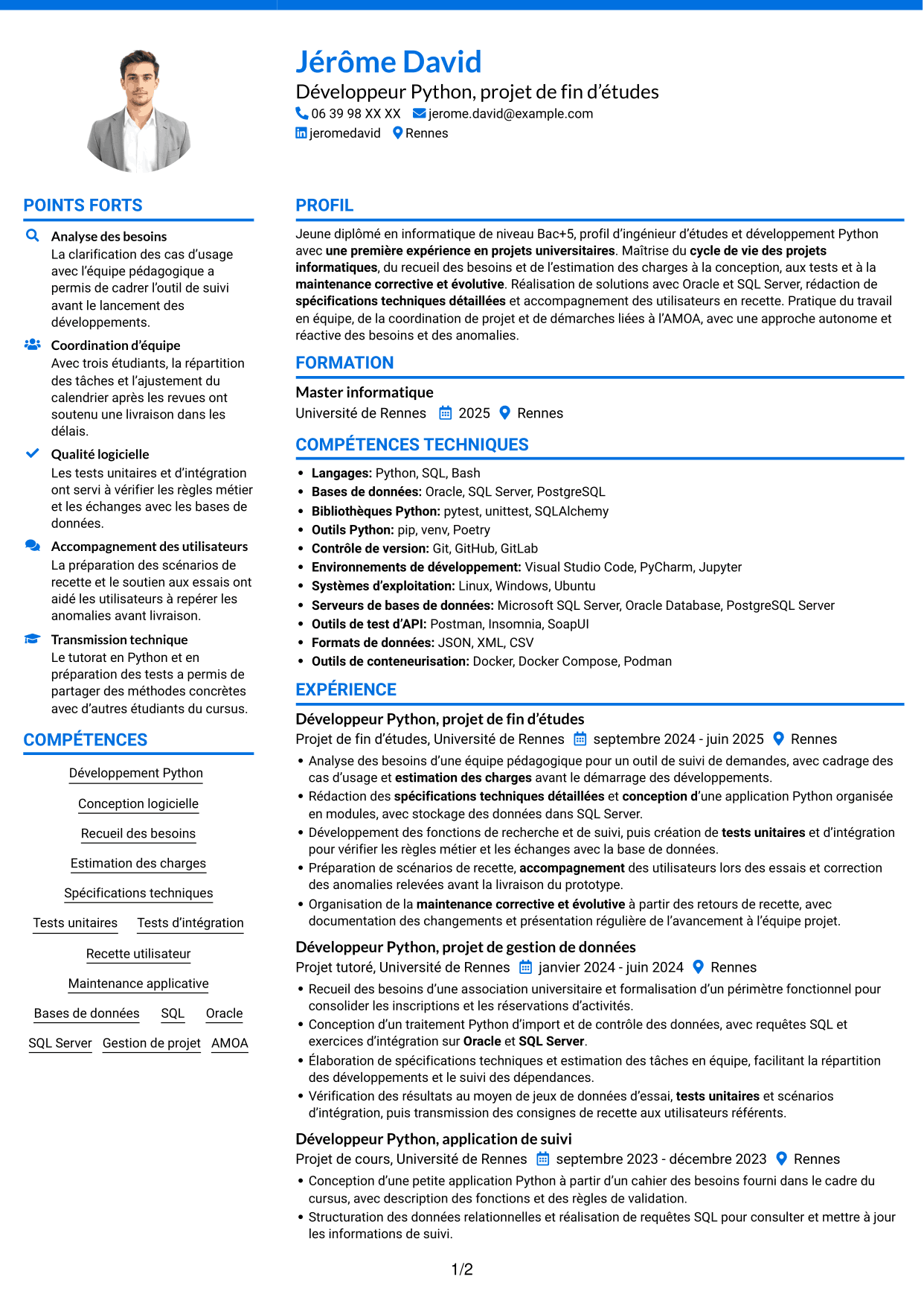 CV Audacieux (format à deux colonnes avec accents colorés et photo) : Ingénieur d’études et développement Python, page 1