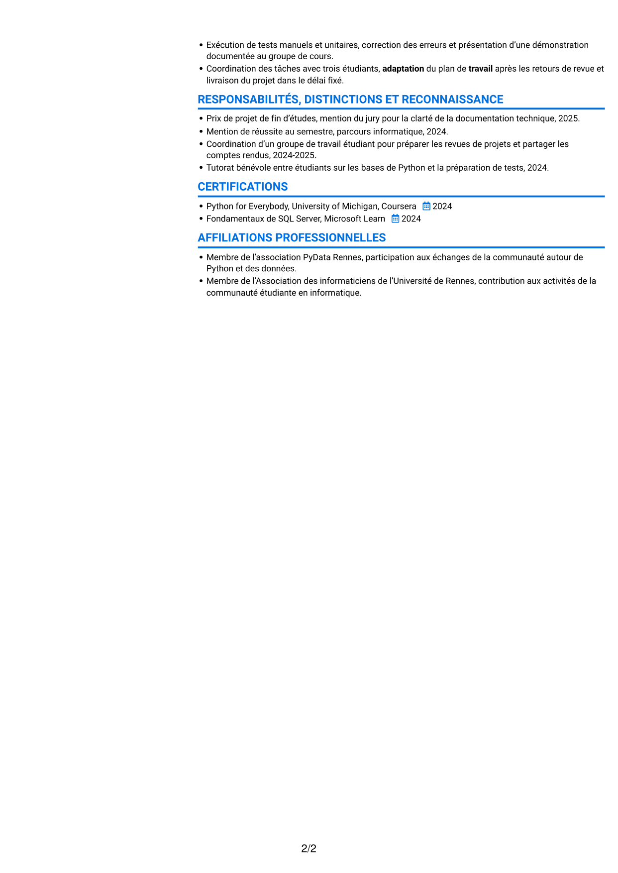 CV Audacieux (format à deux colonnes avec accents colorés et photo) : Ingénieur d’études et développement Python, page 2