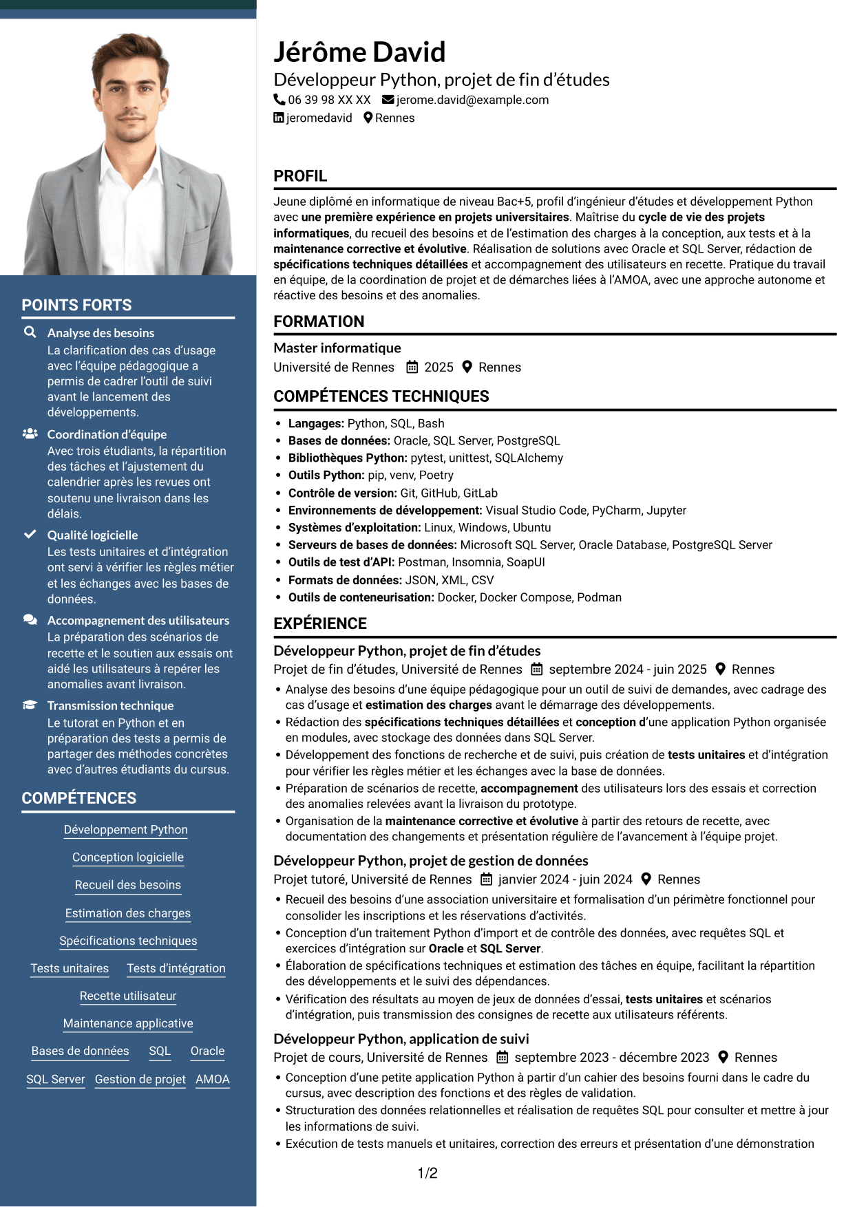 CV Signature (format à colonne latérale colorée avec grande photo) : Ingénieur d’études et développement Python, page 1