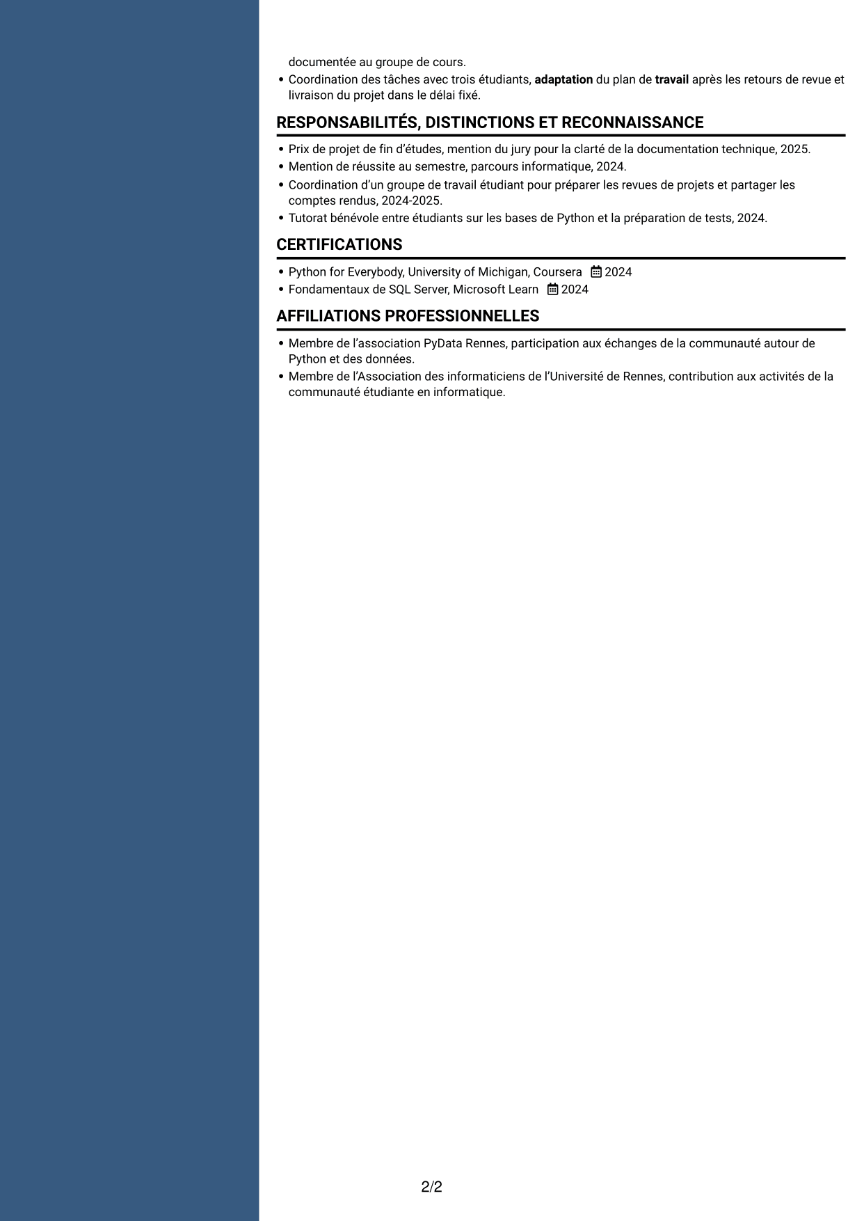 CV Signature (format à colonne latérale colorée avec grande photo) : Ingénieur d’études et développement Python, page 2