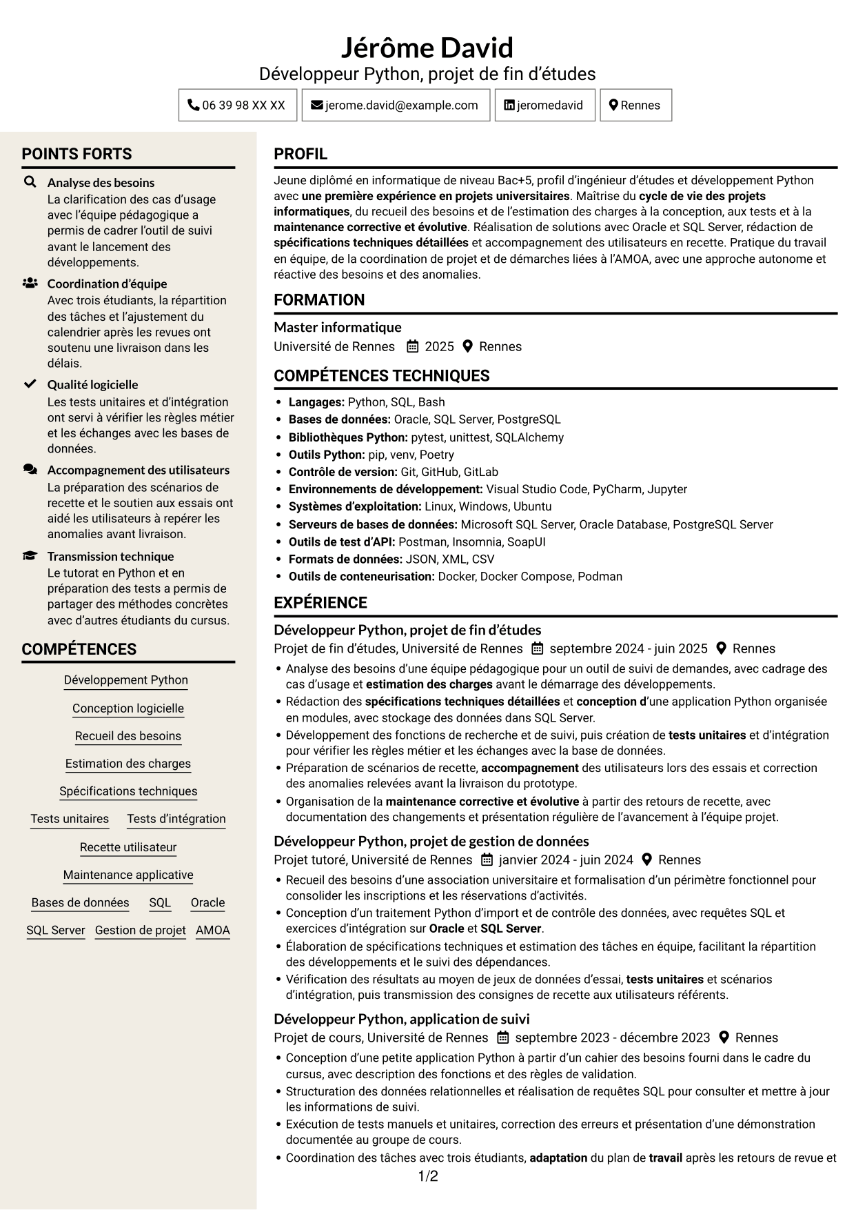 CV Fonceur (format à deux colonnes avec en-tête centré sans photo) : Ingénieur d’études et développement Python, page 1