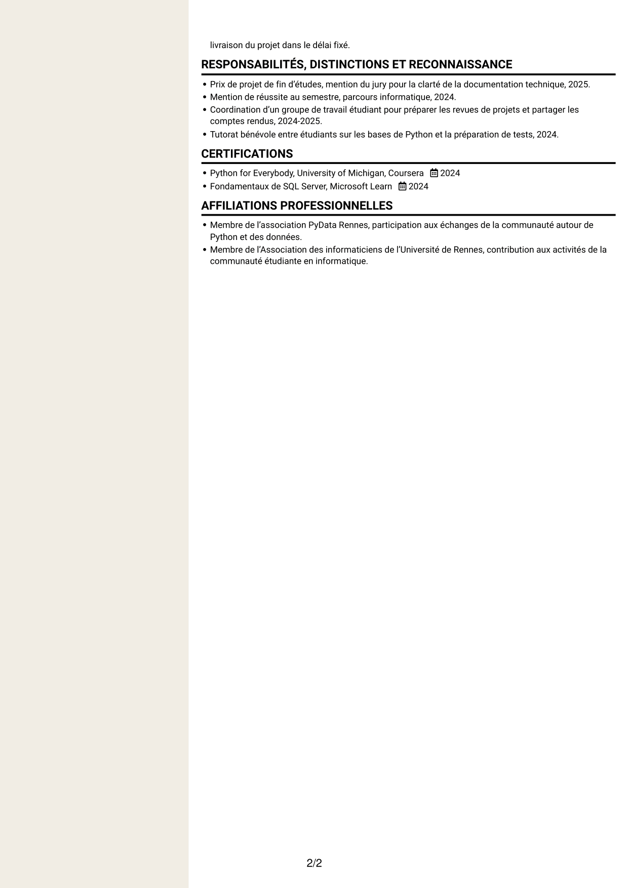 CV Fonceur (format à deux colonnes avec en-tête centré sans photo) : Ingénieur d’études et développement Python, page 2