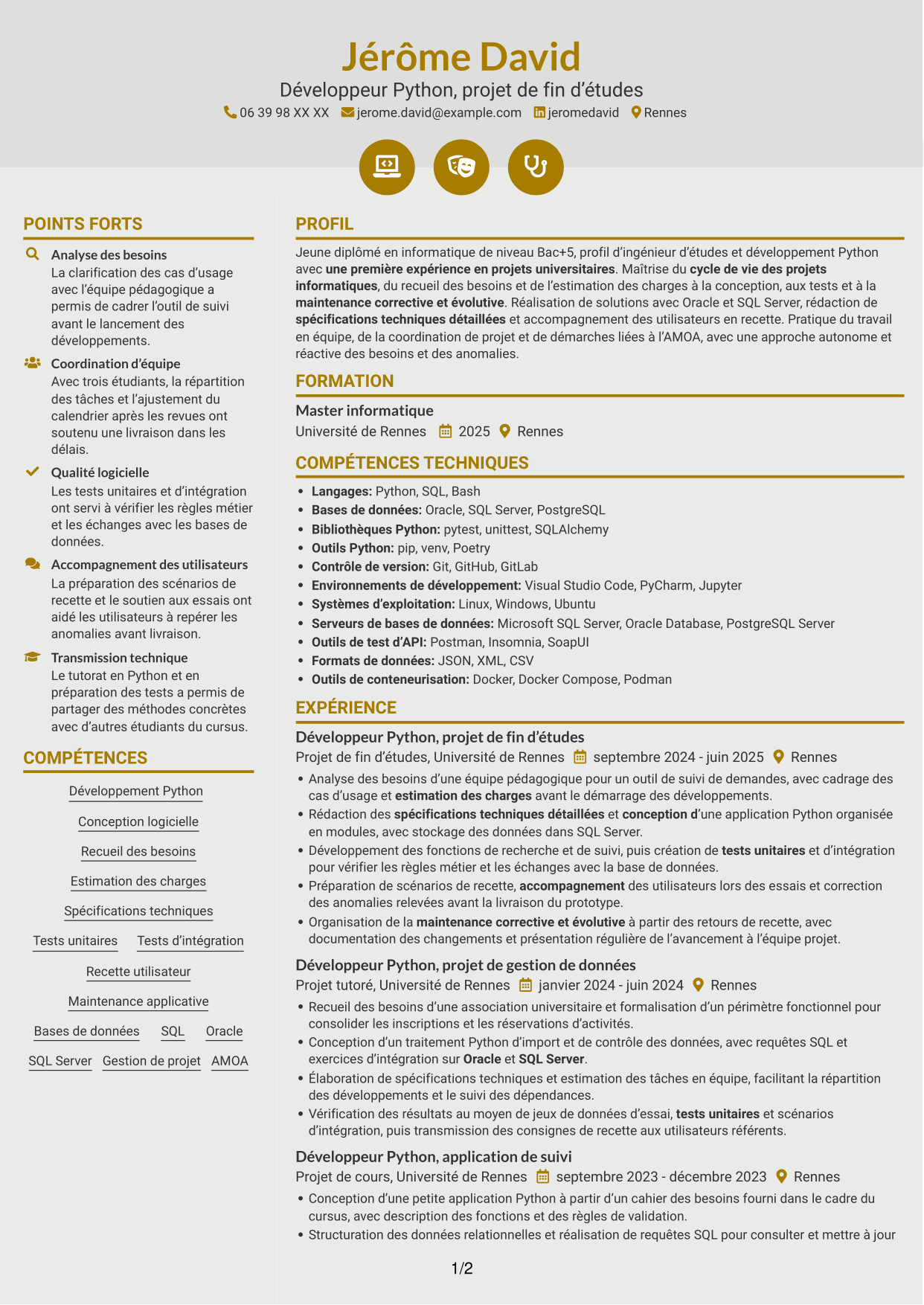 CV Dynamique (format à deux colonnes avec icônes) : Ingénieur d’études et développement Python, page 1