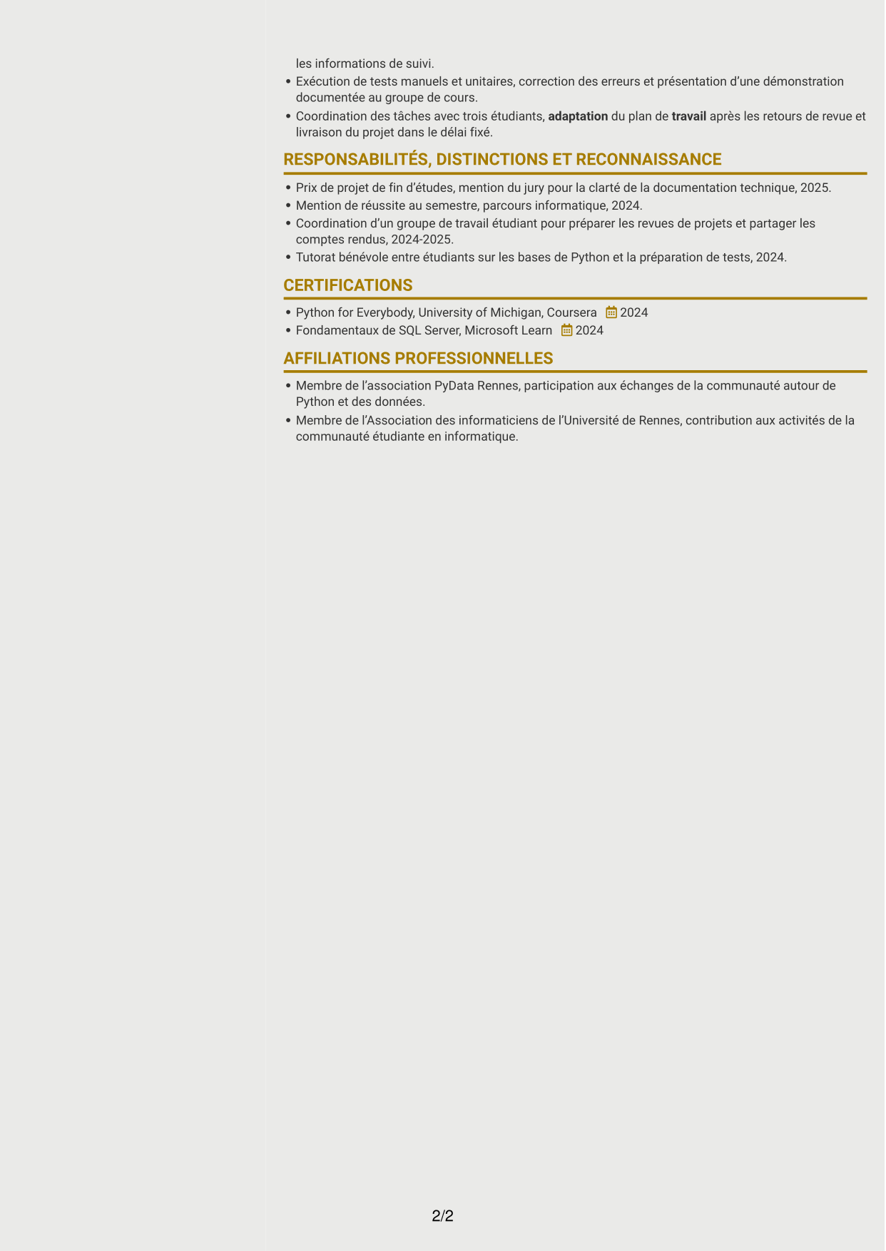 CV Dynamique (format à deux colonnes avec icônes) : Ingénieur d’études et développement Python, page 2