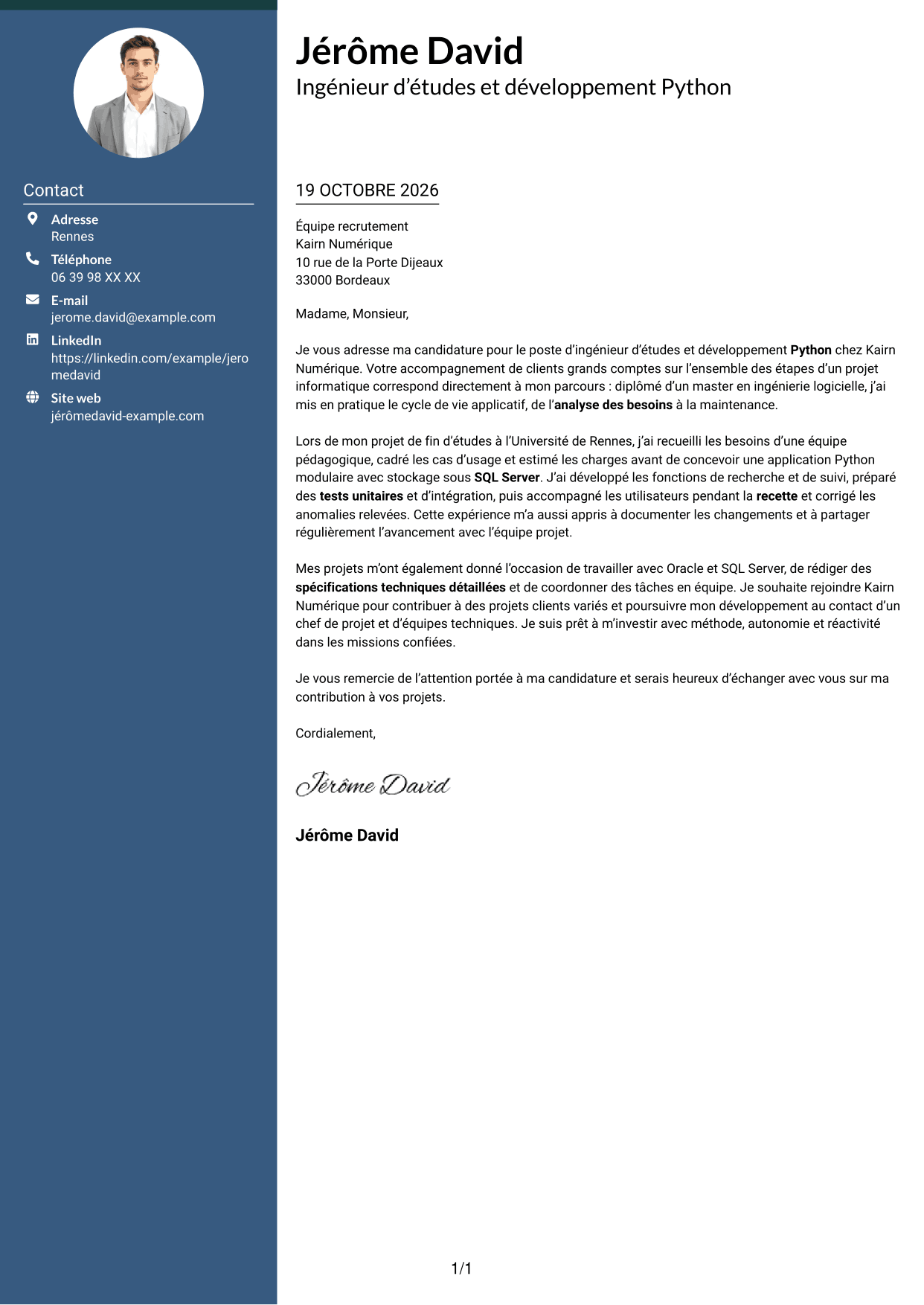 Lettre de motivation Élégant (format à colonne latérale colorée avec photo) : Ingénieur d’études et développement Python, page 1