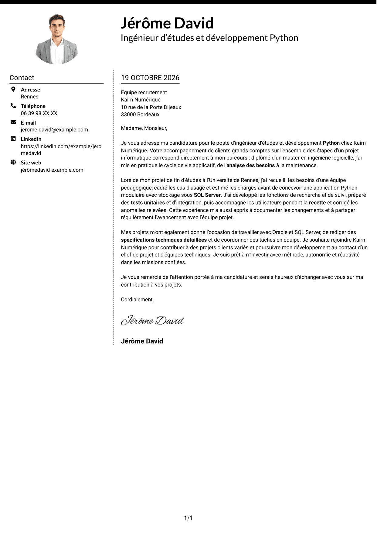 Lettre de motivation Moderne (format à deux colonnes avec photo à gauche et séparateur) : Ingénieur d’études et développement Python, page 1