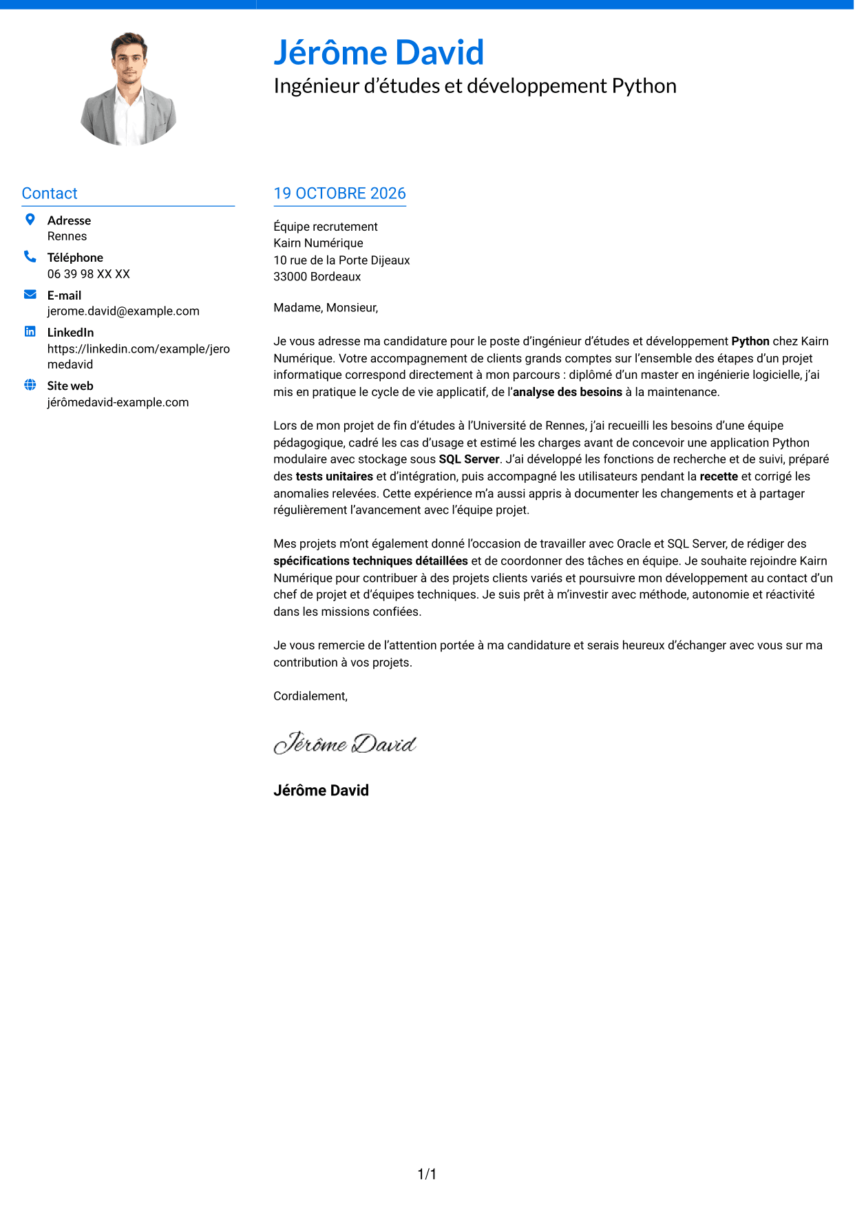 Lettre de motivation Audacieux (format à deux colonnes avec accents colorés et photo) : Ingénieur d’études et développement Python, page 1