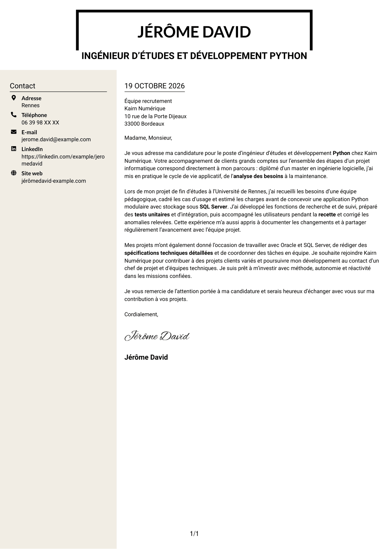 Lettre de motivation Fonceur (format à deux colonnes avec en-tête centré sans photo) : Ingénieur d’études et développement Python, page 1