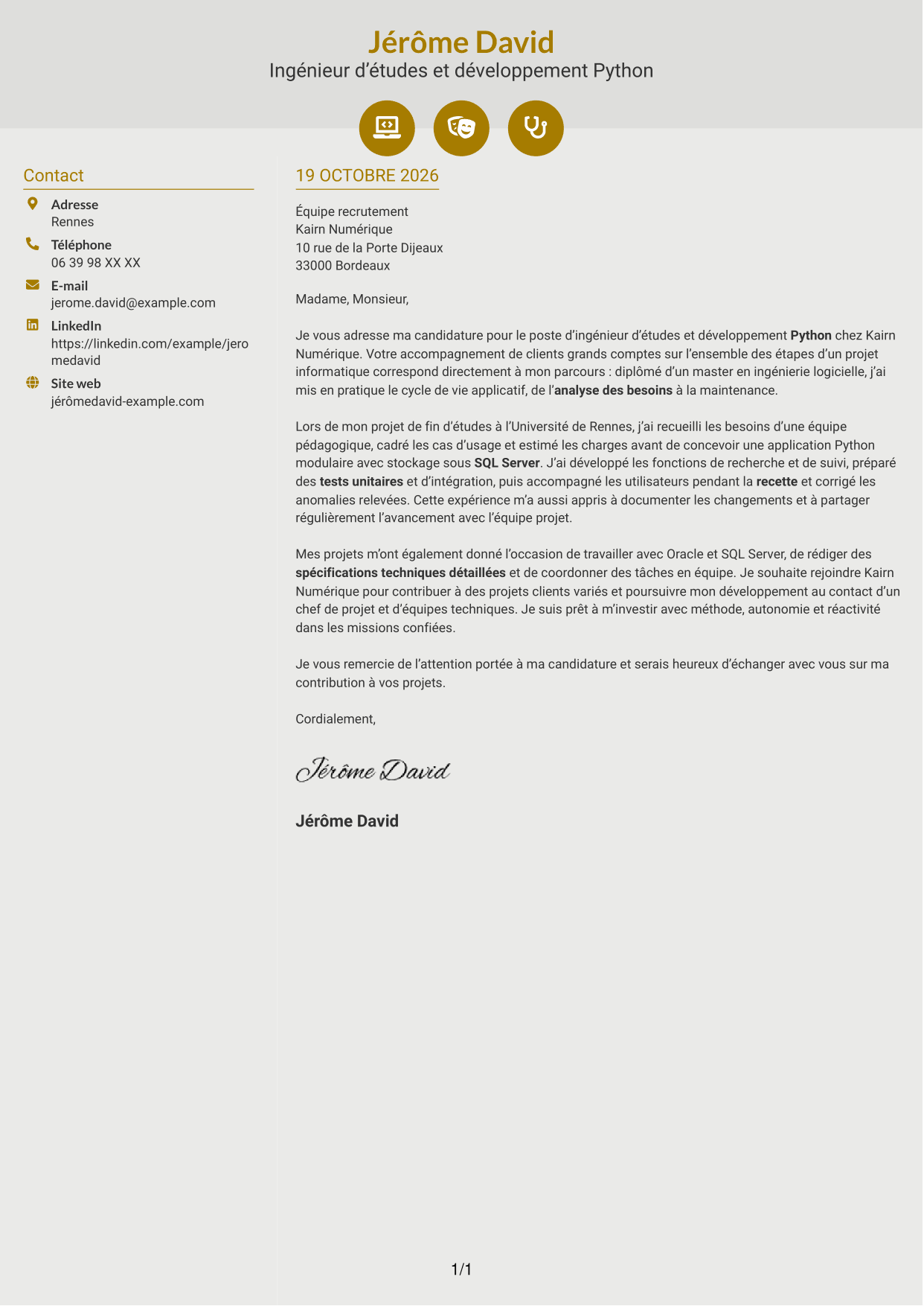 Lettre de motivation Dynamique (format à deux colonnes avec icônes) : Ingénieur d’études et développement Python, page 1