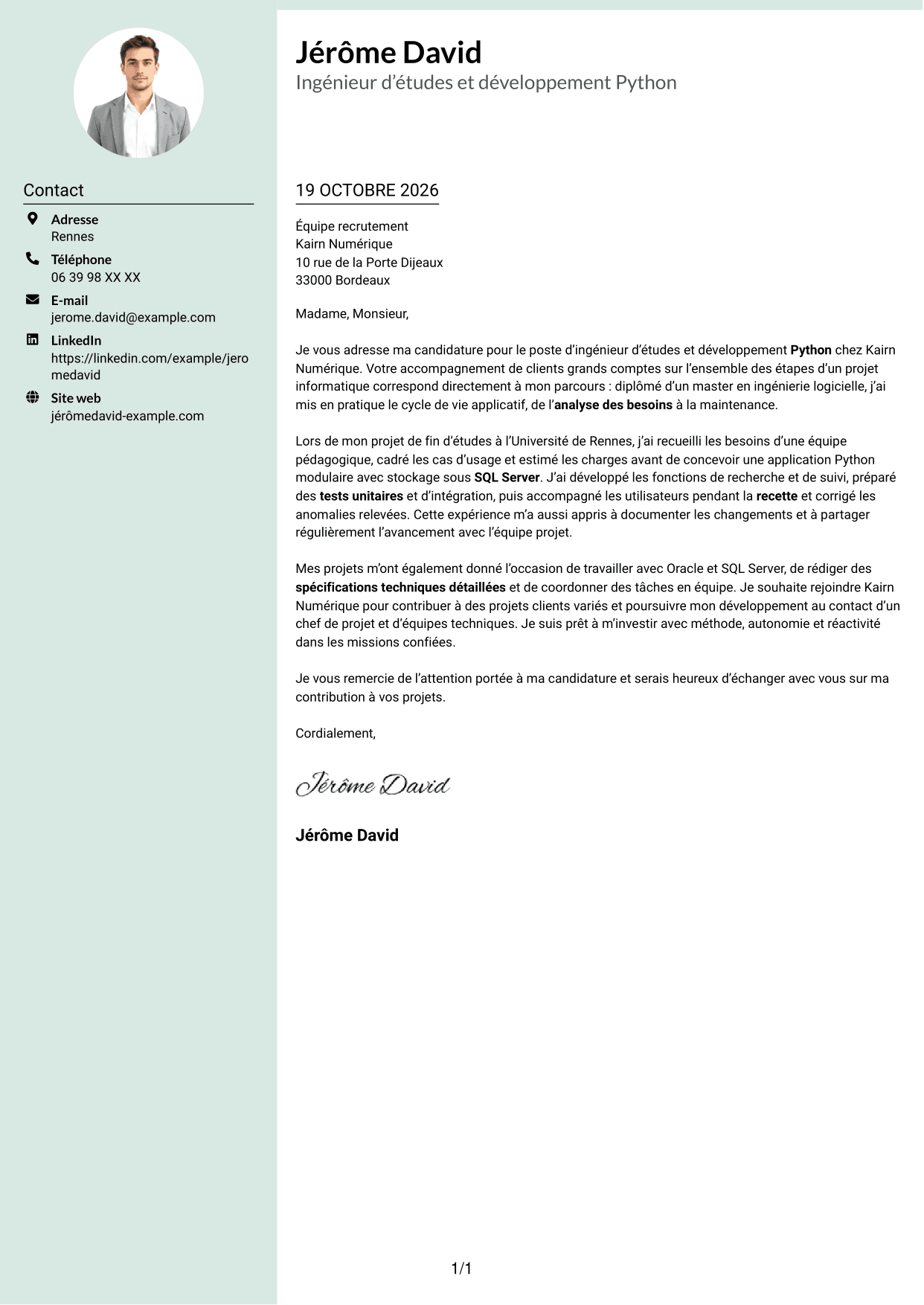 Lettre de motivation Cadre (format à colonne latérale douce avec photo arrondie) : Ingénieur d’études et développement Python, page 1
