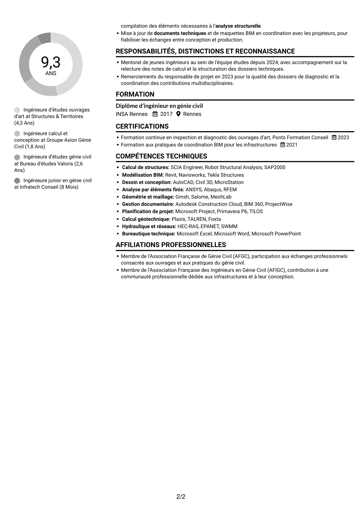 CV Compact (format sobre à deux colonnes avec photo) : Ingénieur d'Études Ouvrages d'Art, page 2