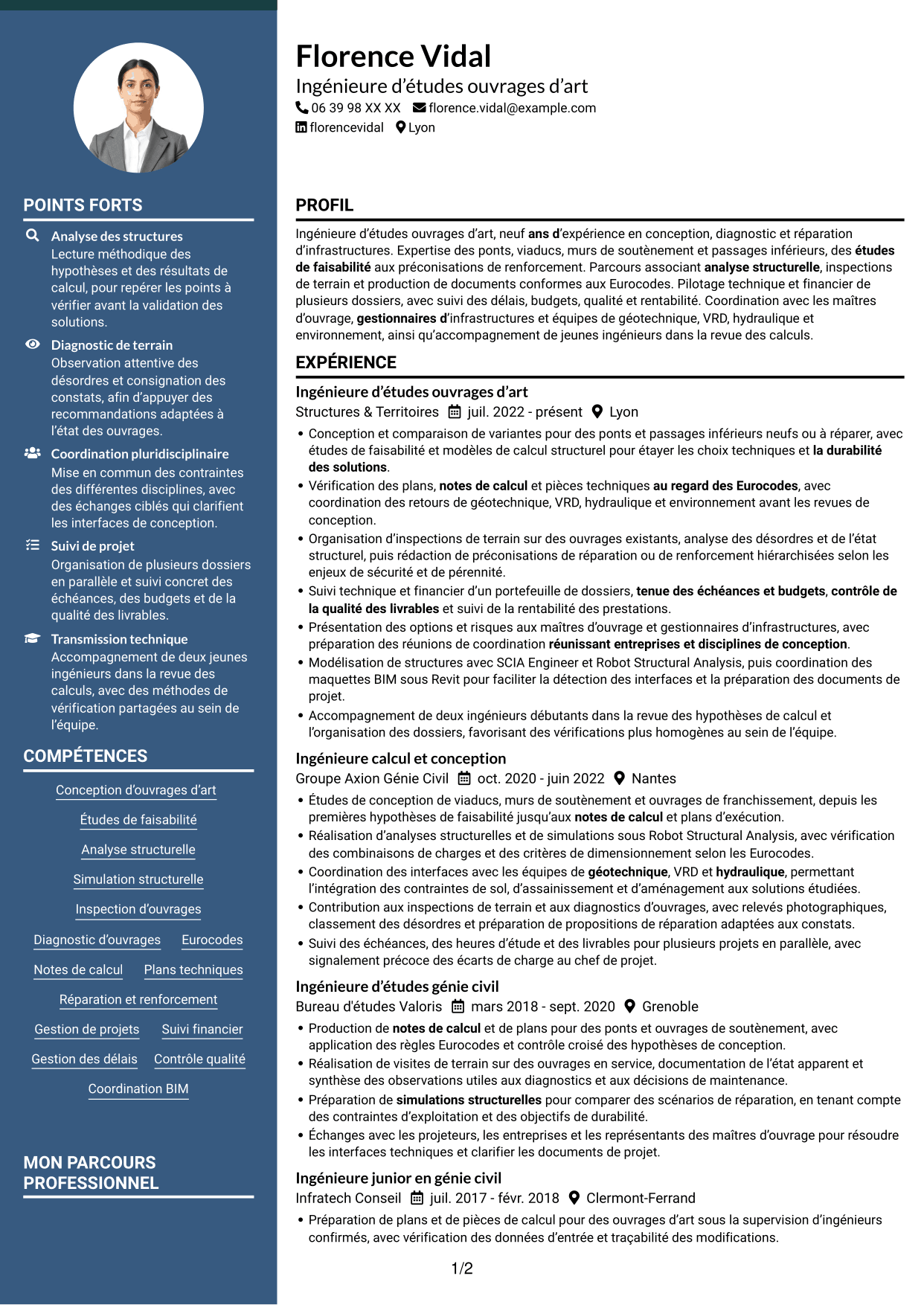 CV Élégant (format à colonne latérale colorée avec photo) : Ingénieur d'Études Ouvrages d'Art, page 1