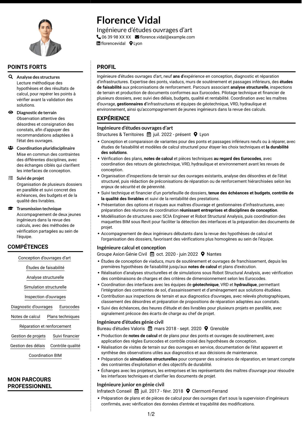 CV Moderne (format à deux colonnes avec photo à gauche et séparateur) : Ingénieur d'Études Ouvrages d'Art, page 1