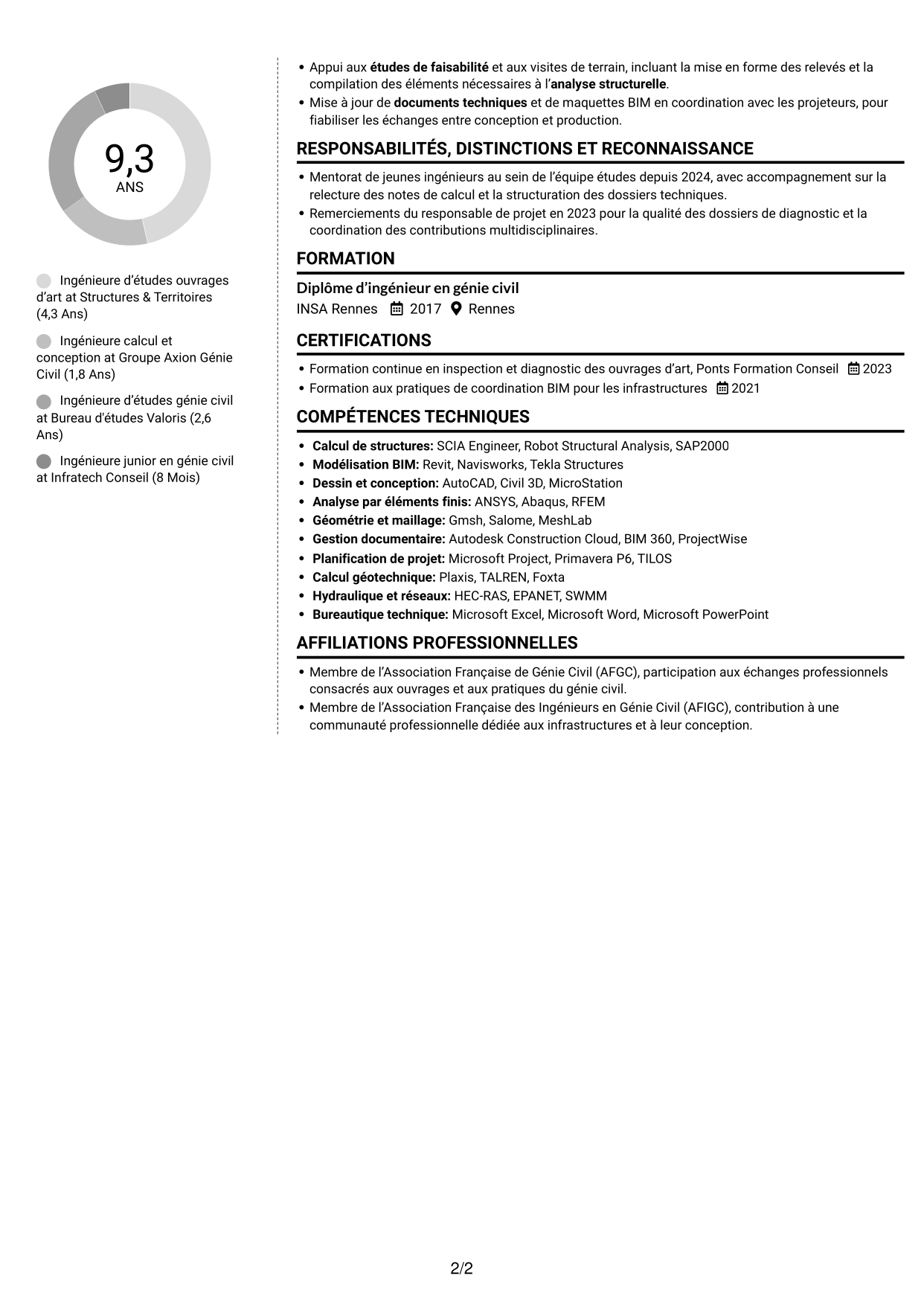 CV Moderne (format à deux colonnes avec photo à gauche et séparateur) : Ingénieur d'Études Ouvrages d'Art, page 2