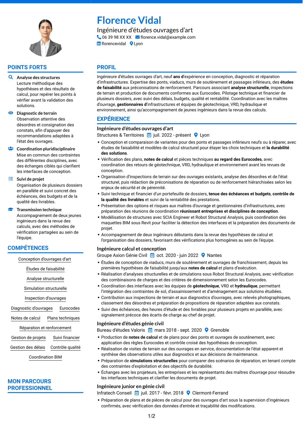 CV Audacieux (format à deux colonnes avec accents colorés et photo) : Ingénieur d'Études Ouvrages d'Art, page 1