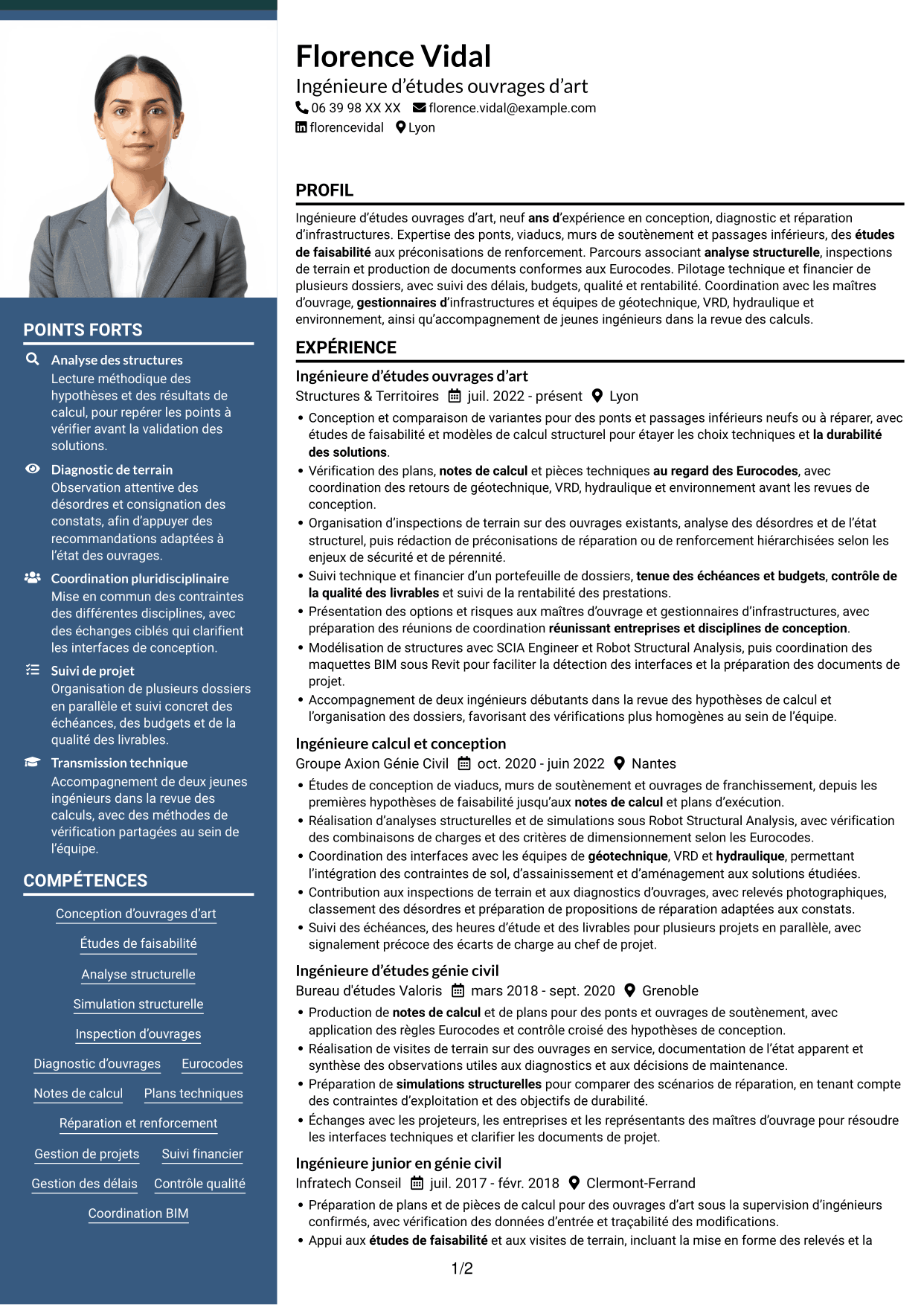 CV Signature (format à colonne latérale colorée avec grande photo) : Ingénieur d'Études Ouvrages d'Art, page 1