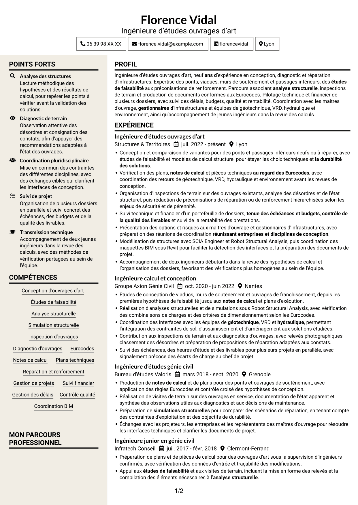 CV Fonceur (format à deux colonnes avec en-tête centré sans photo) : Ingénieur d'Études Ouvrages d'Art, page 1